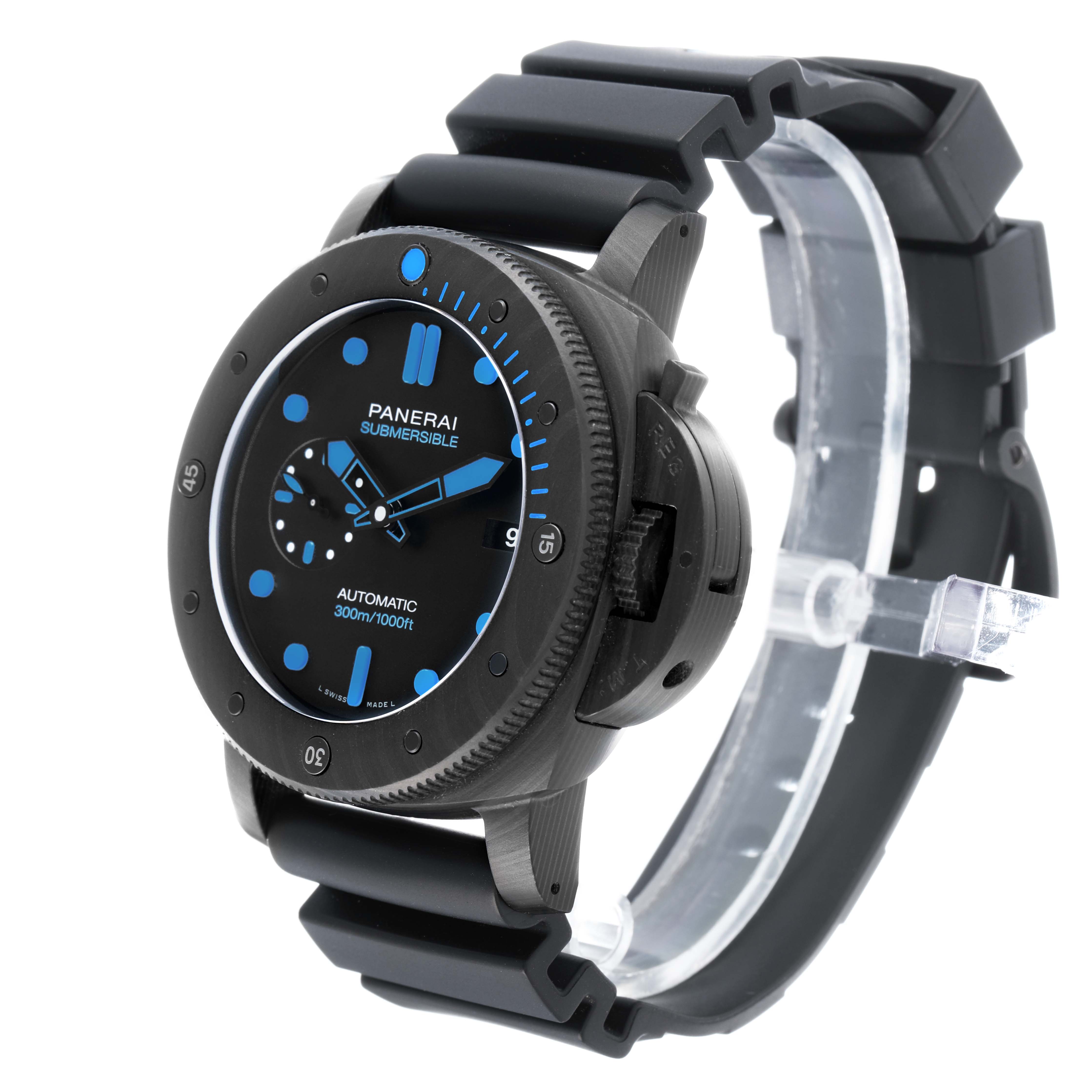 The Panerai Submersible PAM01616 Men's Ceramic Black Dial watch is shown from a three-quarter angle, displaying the face, bezel, crown guard, and rubber strap.