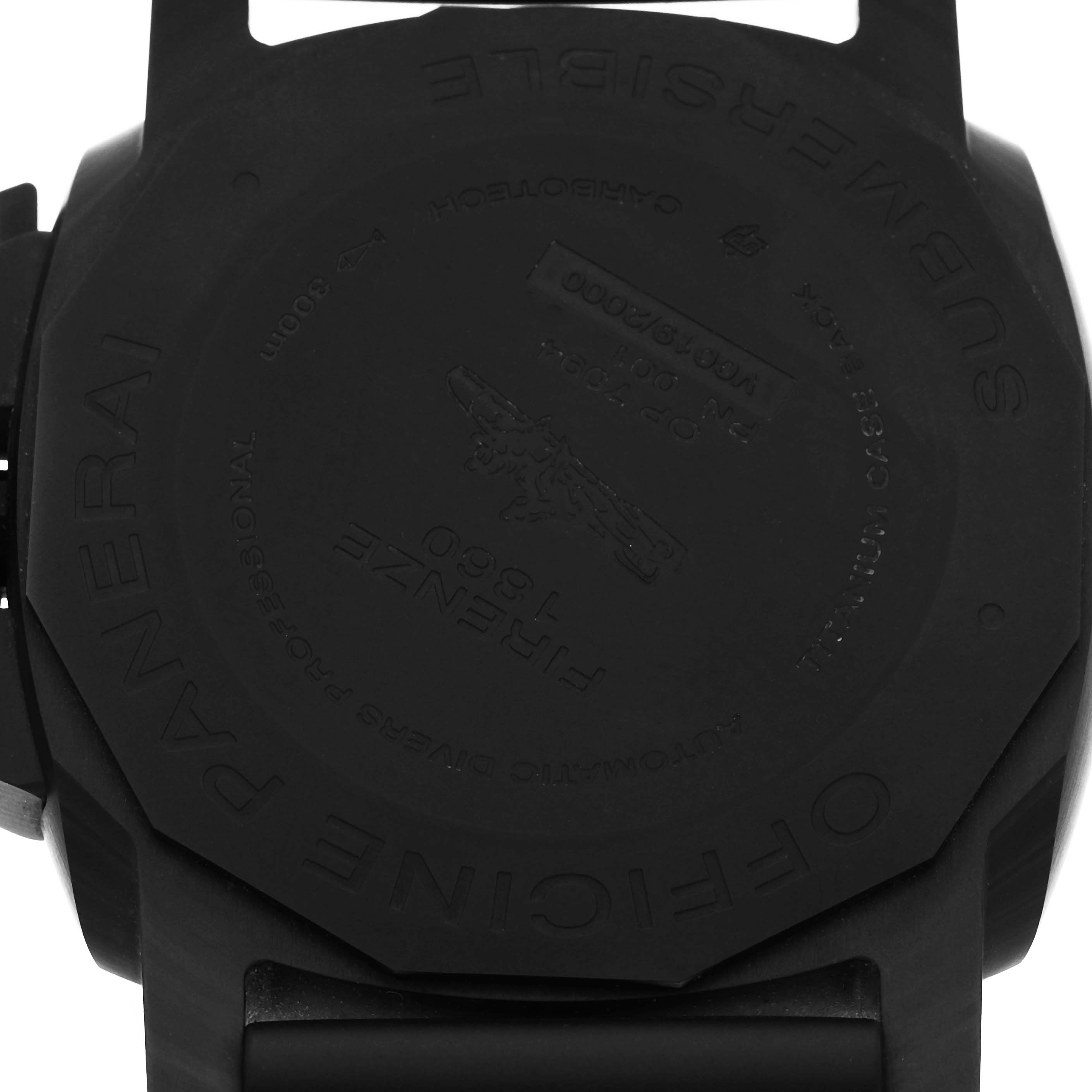 The image shows the back case of a Panerai Submersible PAM01616 Men's Ceramic Black Dial watch, focusing on engravings and the matte finish.