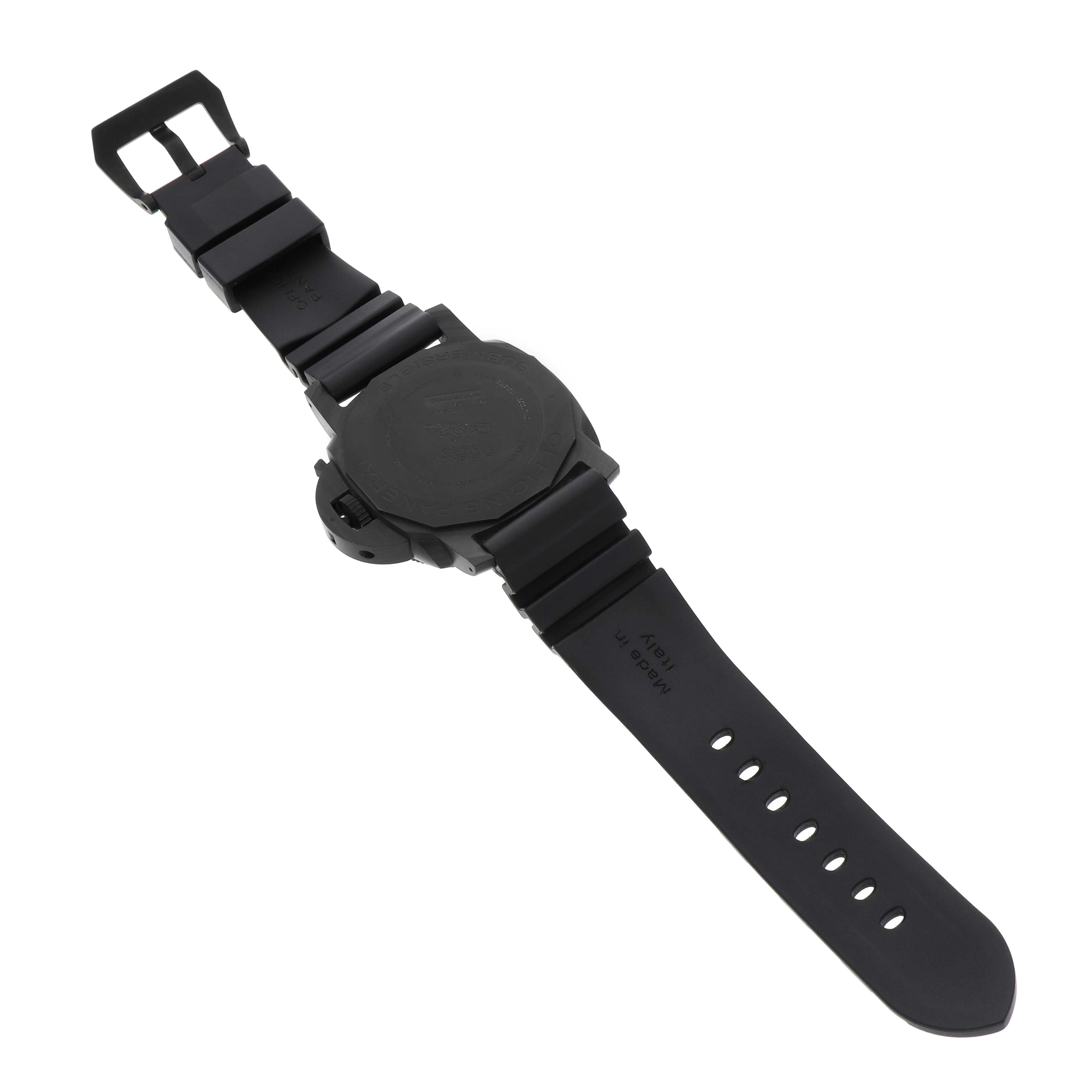 The image shows the back of the Panerai Submersible PAM01616 Men's Ceramic Black Dial watch, highlighting its strap, buckle, and case back.