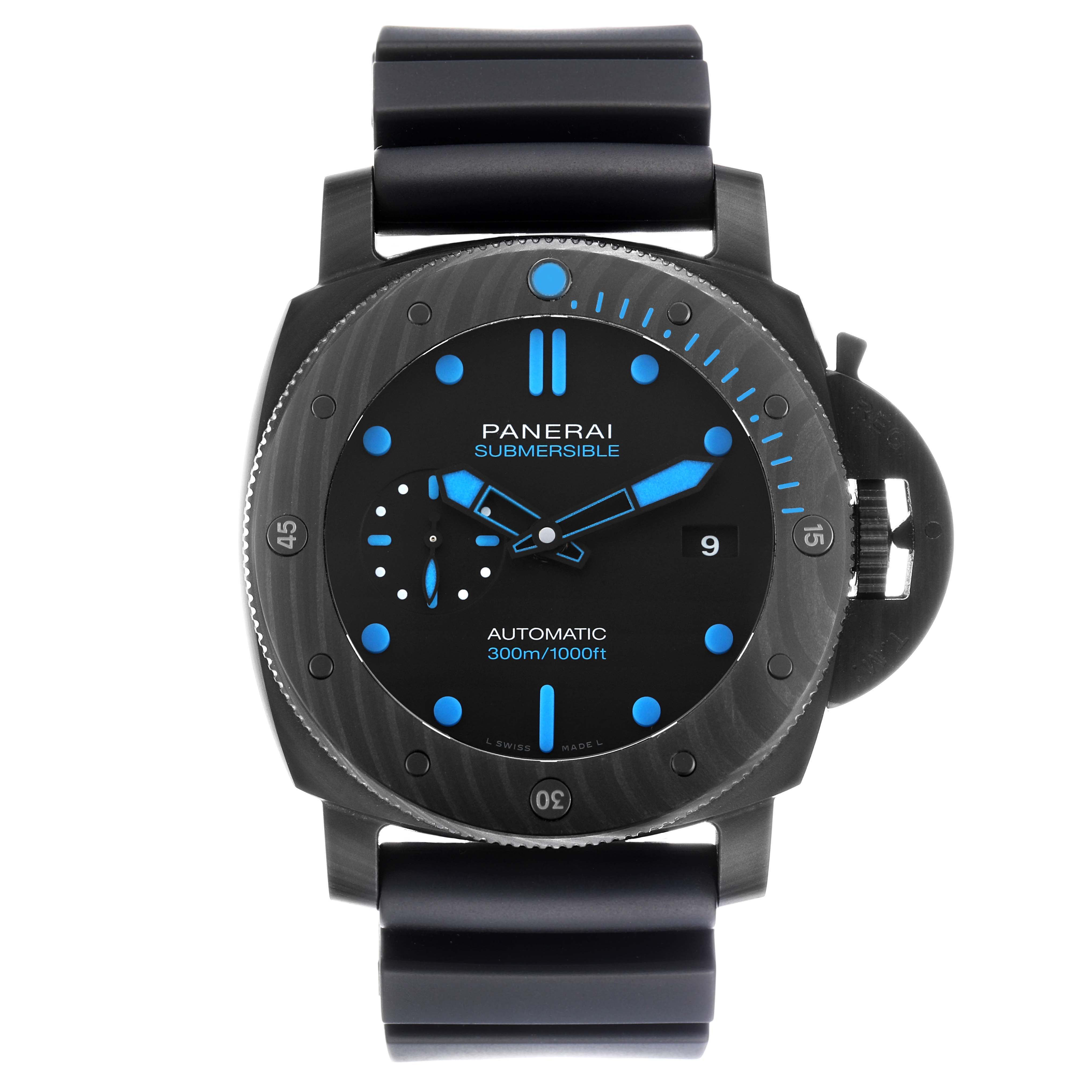 The Panerai Submersible PAM01616 Men's Ceramic Black Dial watch is shown from a front angle, displaying the dial, bezel, and strap.