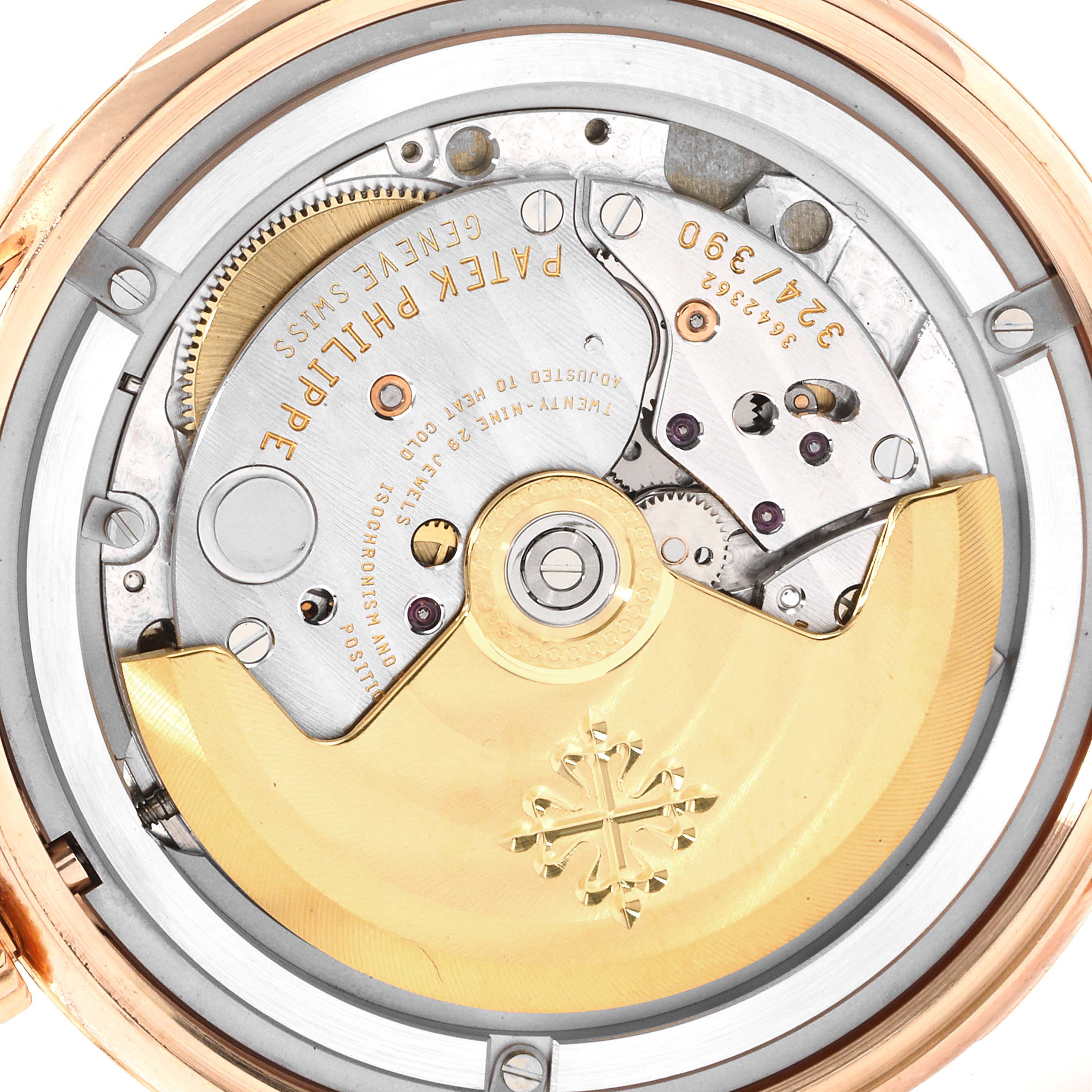 This image shows the movement and mechanism inside the back of a Patek Philippe Calatrava 5296R-001 Men
s Rose Gold Silver Dial 5296R-001 Men
s Rose Gold Silver Dial watch.