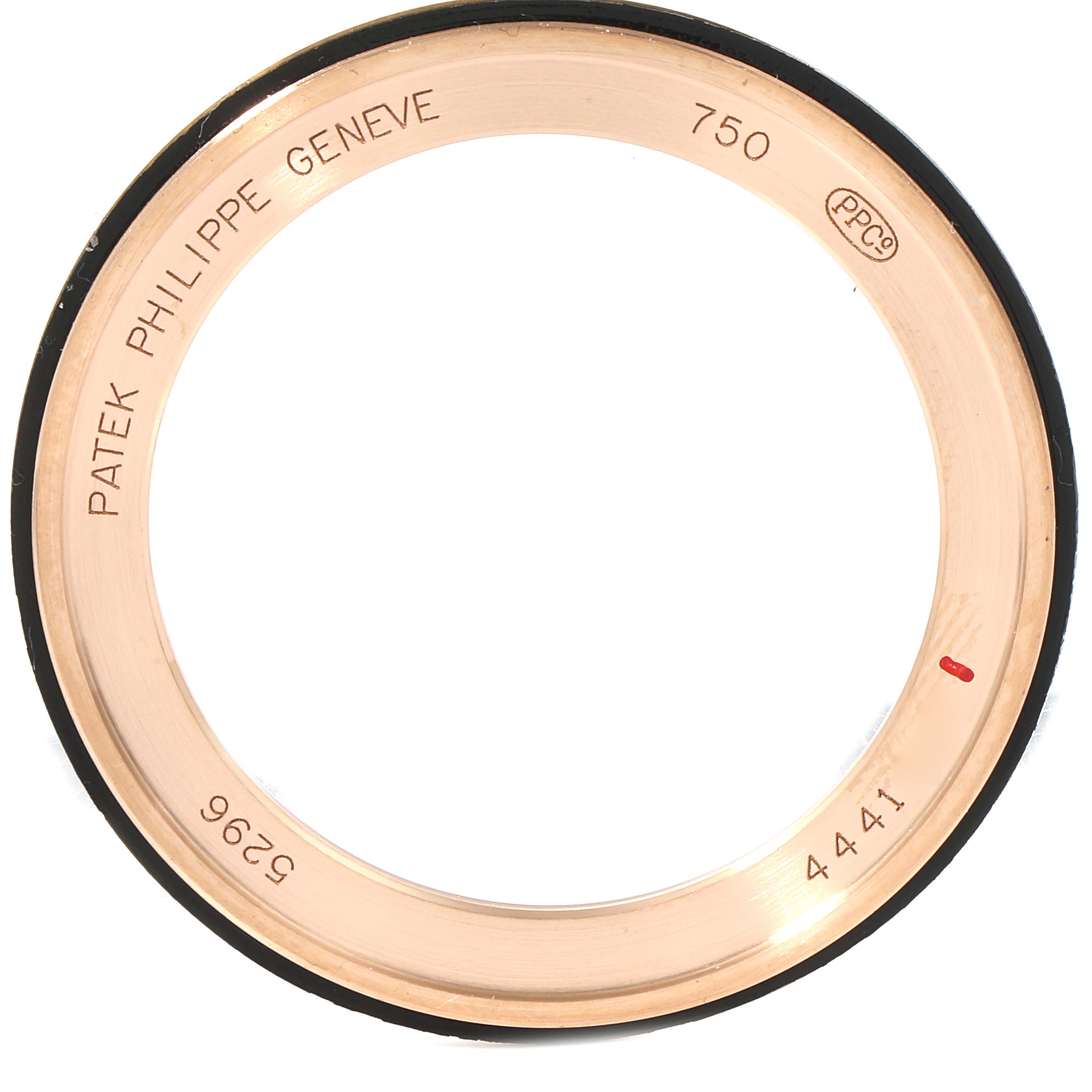 This image shows a close-up of the bezel for a Patek Philippe Calatrava 5296R-001 Men
s Rose Gold Silver Dial 5296R-001 Men
s Rose Gold Silver Dial model watch, viewed from the front.