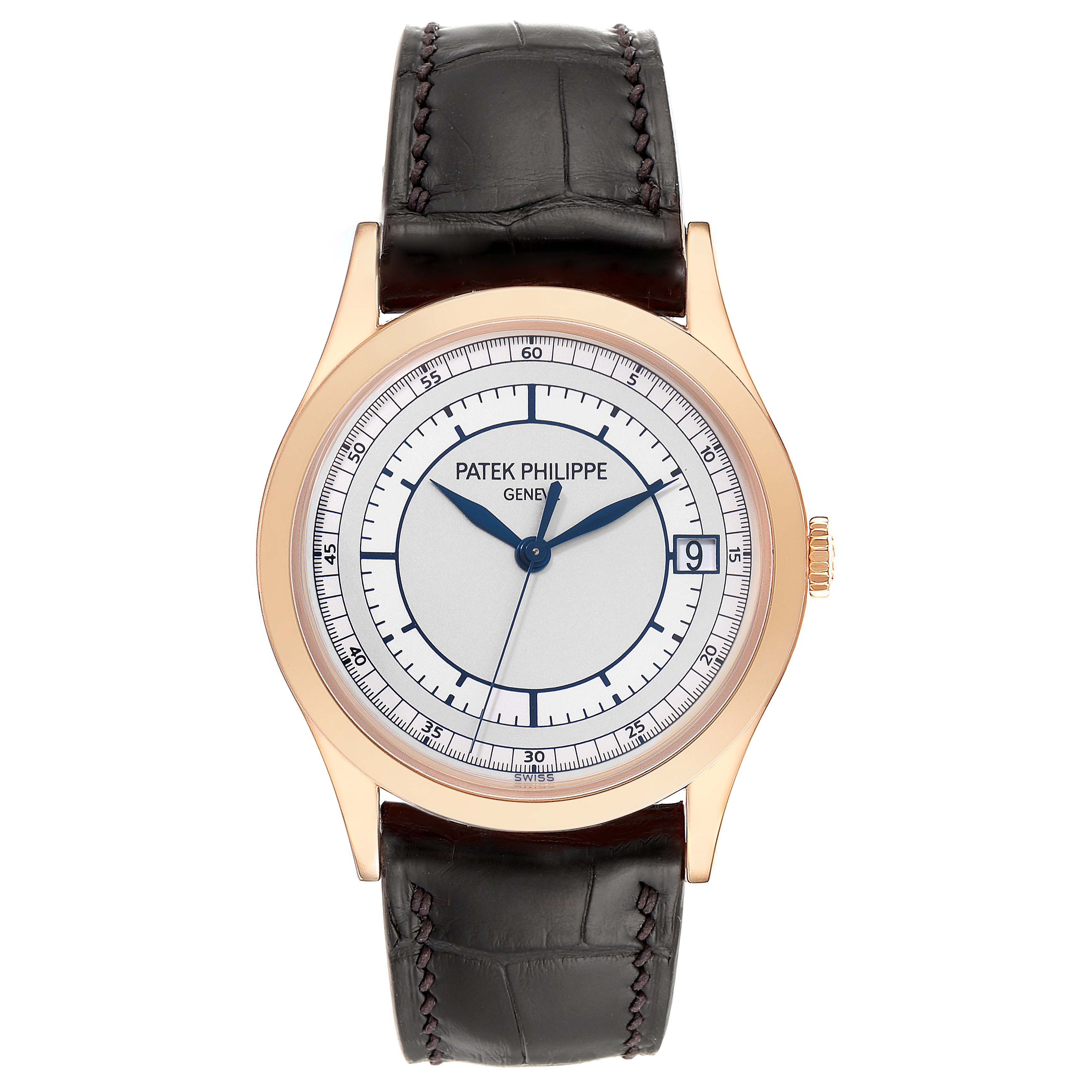 The image shows a front angle view of a Patek Philippe Calatrava 5296R-001 Men
s Rose Gold Silver Dial 5296R-001 Men
s Rose Gold Silver Dial watch, highlighting the dial, case, and leather strap.