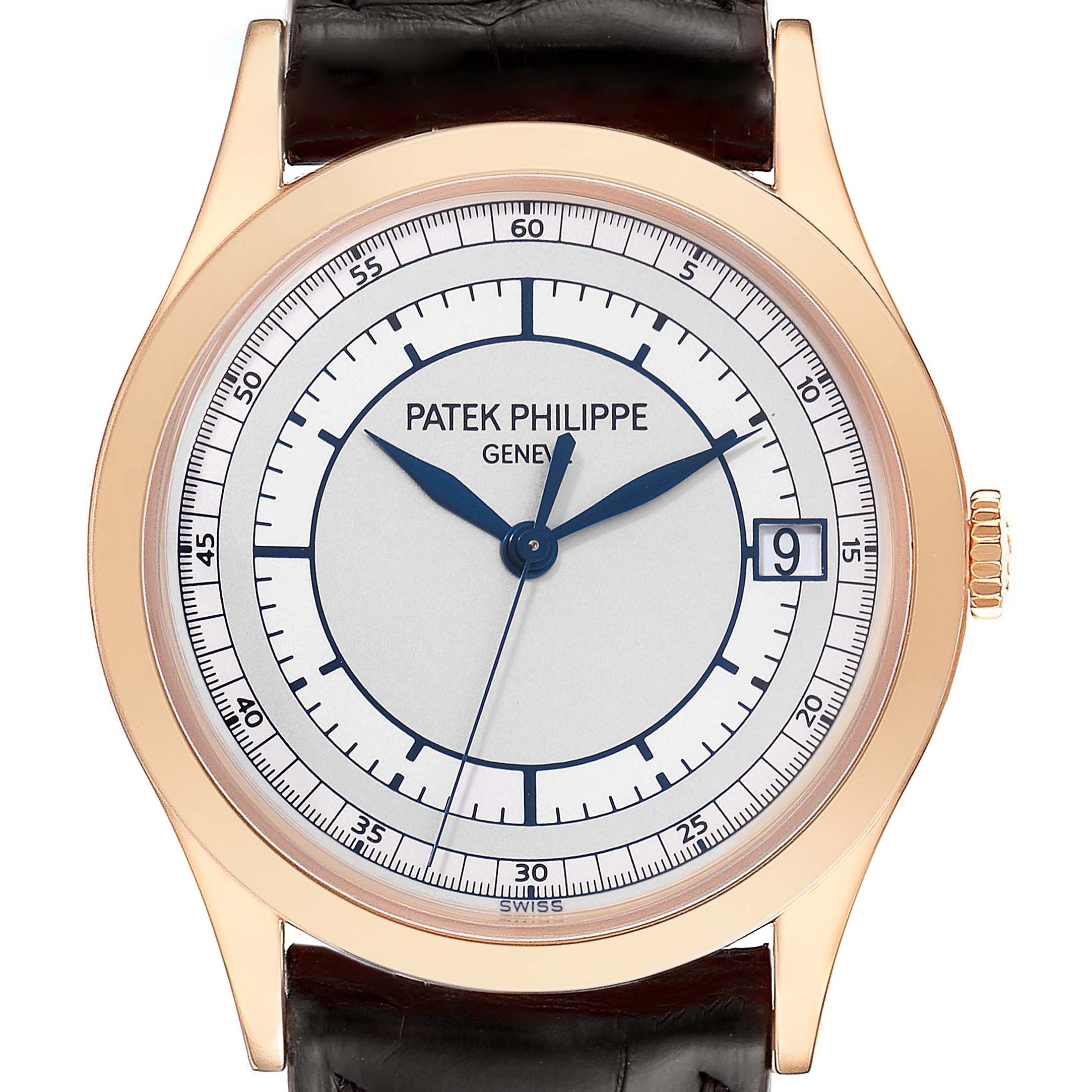 This image shows a front view of a Patek Philippe Calatrava 5296R-001 Men
s Rose Gold Silver Dial 5296R-001 Men
s Rose Gold Silver Dial watch, highlighting its dial, bezel, crown, and leather strap.