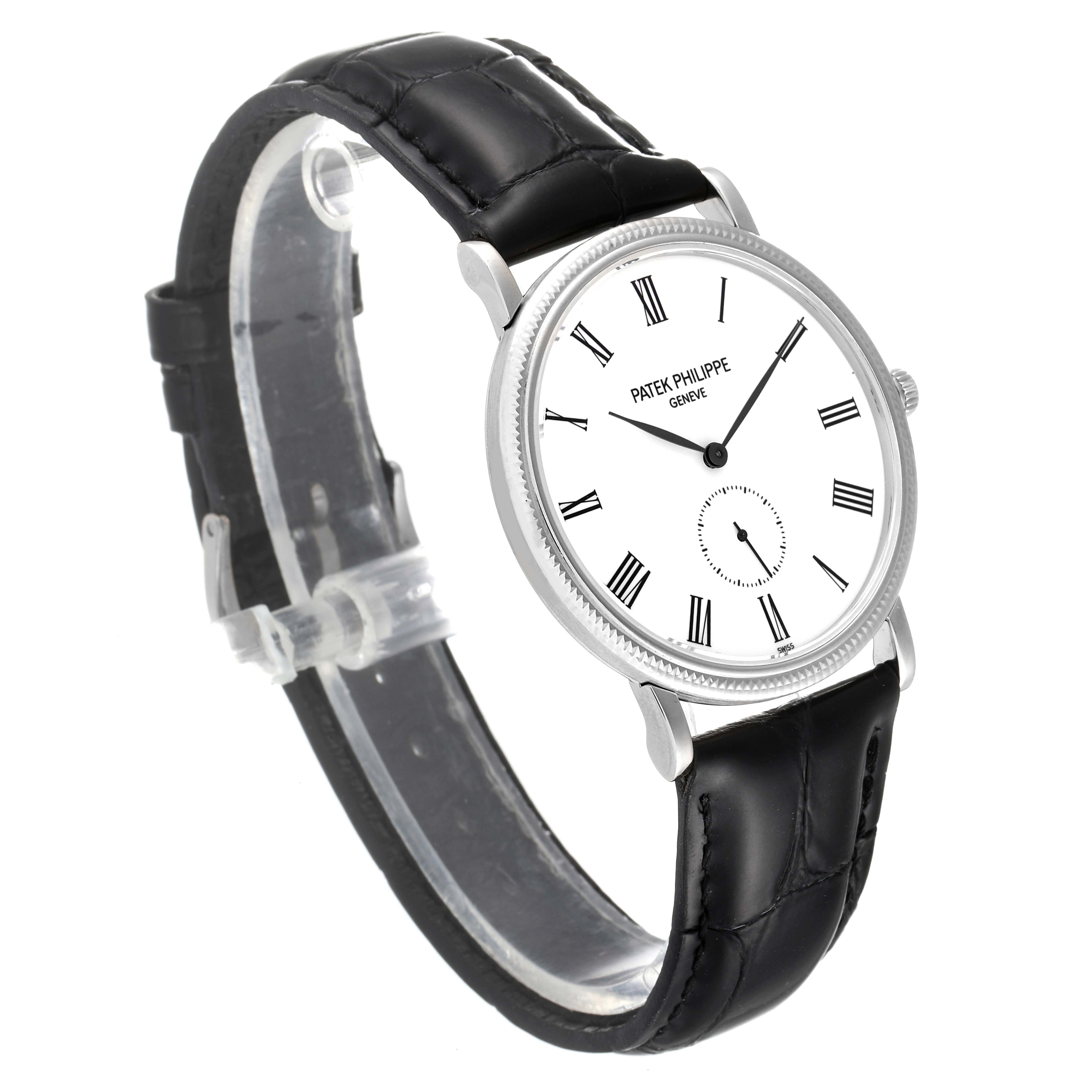 The image shows a side-angle view of the Patek Philippe Calatrava 5119G Men
s White Gold White Dial 5119G Men
s White Gold White Dial watch, highlighting its face, strap, and crown.