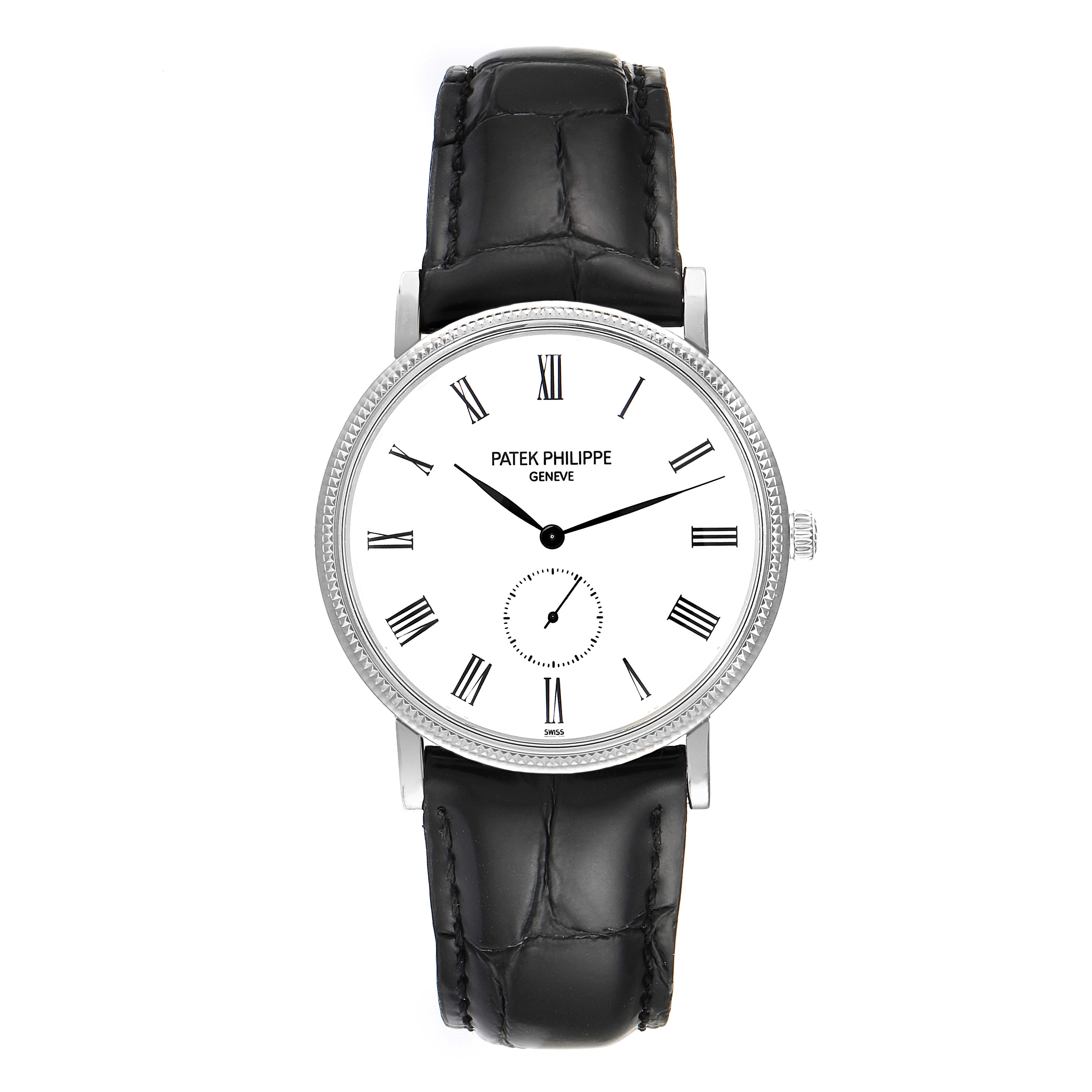 The image shows a Patek Philippe Calatrava 5119G Men
s White Gold White Dial 5119G Men
s White Gold White Dial watch from a front angle, highlighting its face, bezel, crown, and leather strap.