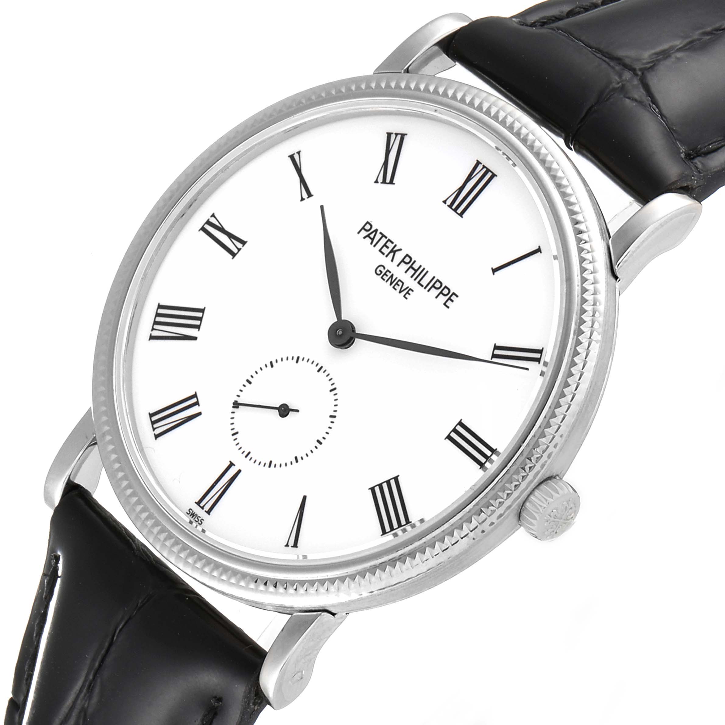The image shows a close-up of the Patek Philippe Calatrava 5119G Men
s White Gold White Dial 5119G Men
s White Gold White Dial watch, highlighting its dial, Roman numerals, hands, crown, and black leather strap.