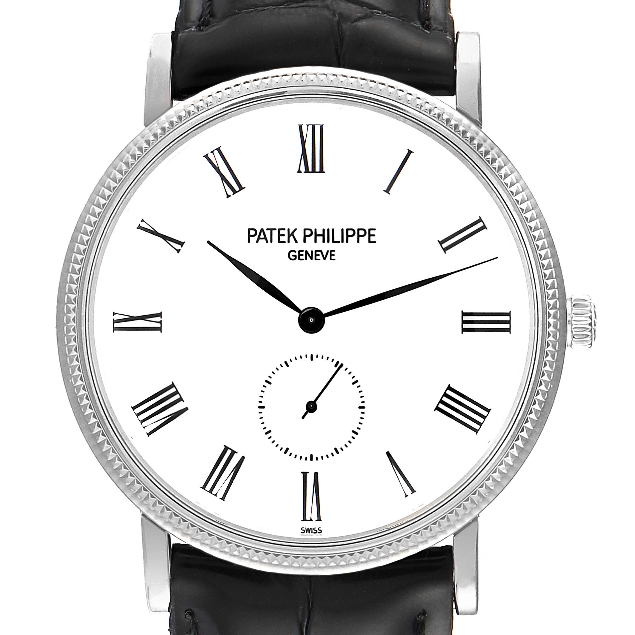 The image shows a front view of a Patek Philippe Calatrava 5119G Men
s White Gold White Dial 5119G Men
s White Gold White Dial watch, featuring a white dial, Roman numerals, and a black leather strap.