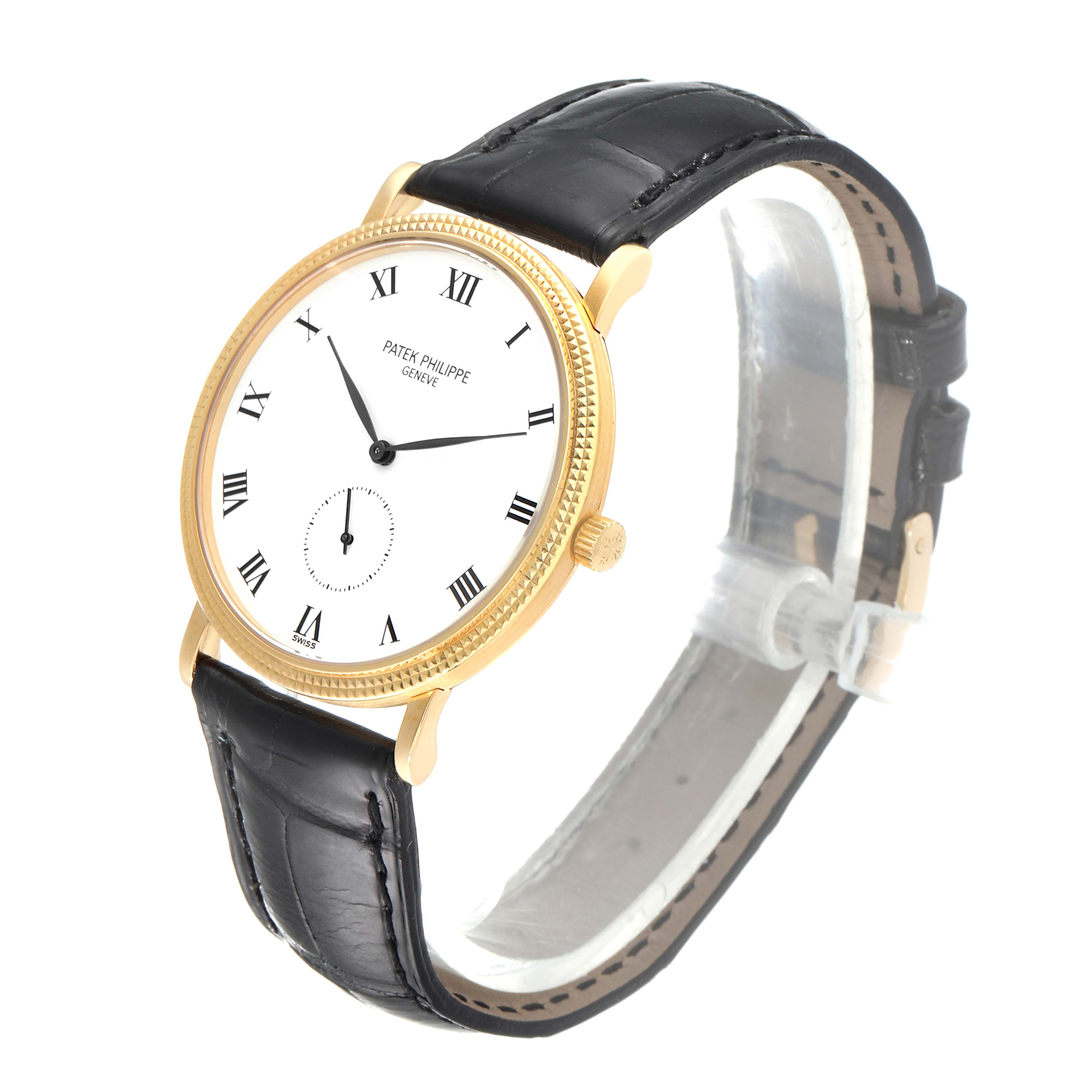 The image shows a Patek Philippe Calatrava 3919 Men's Yellow Gold White Dial 3919 Men's Yellow Gold White Dial watch at a three-quarter angle, highlighting its dial, case, crown, and leather strap.