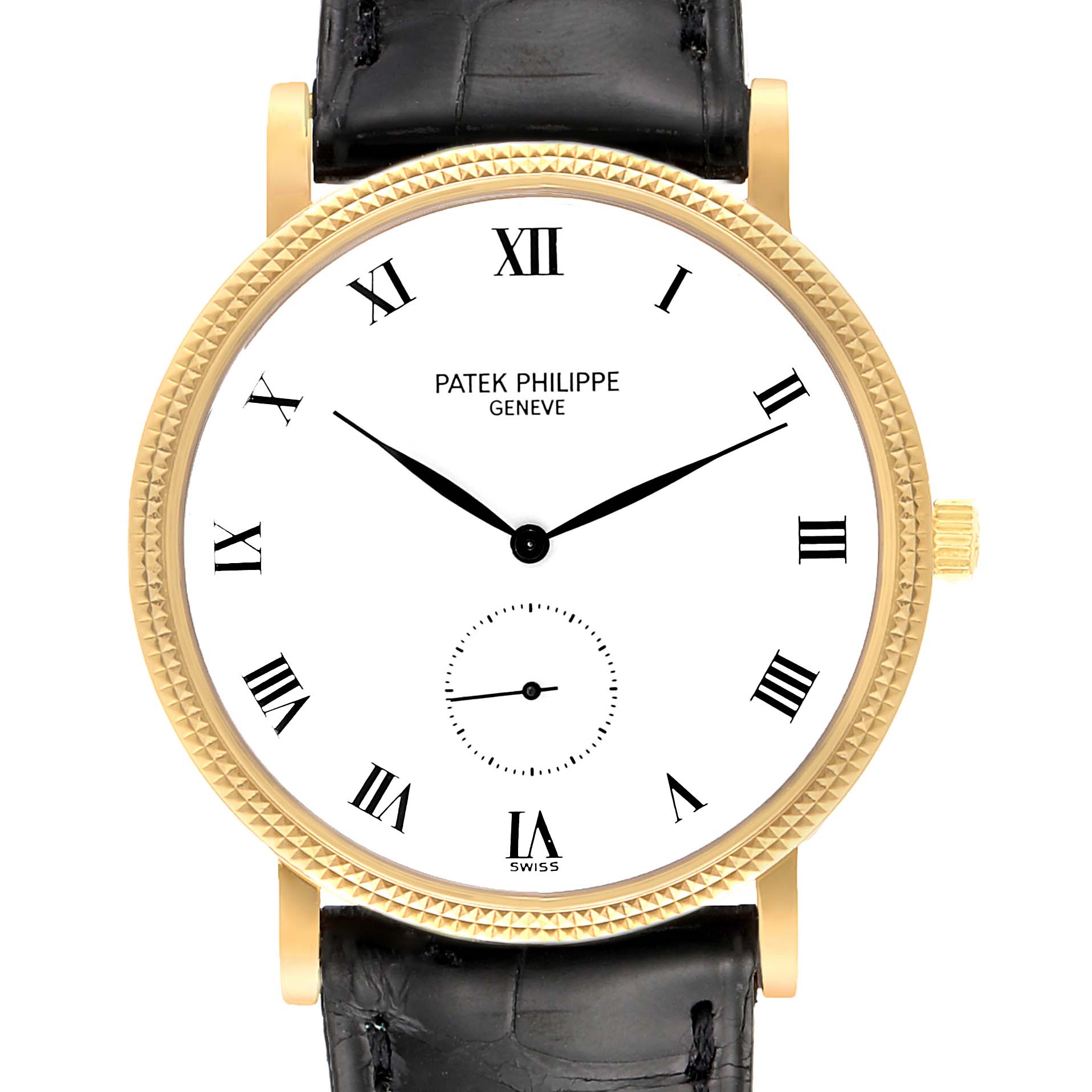 This image shows a front view of a Patek Philippe Calatrava 3919 Men's Yellow Gold White Dial 3919 Men's Yellow Gold White Dial watch, featuring its face, bezel, and part of the black leather strap.