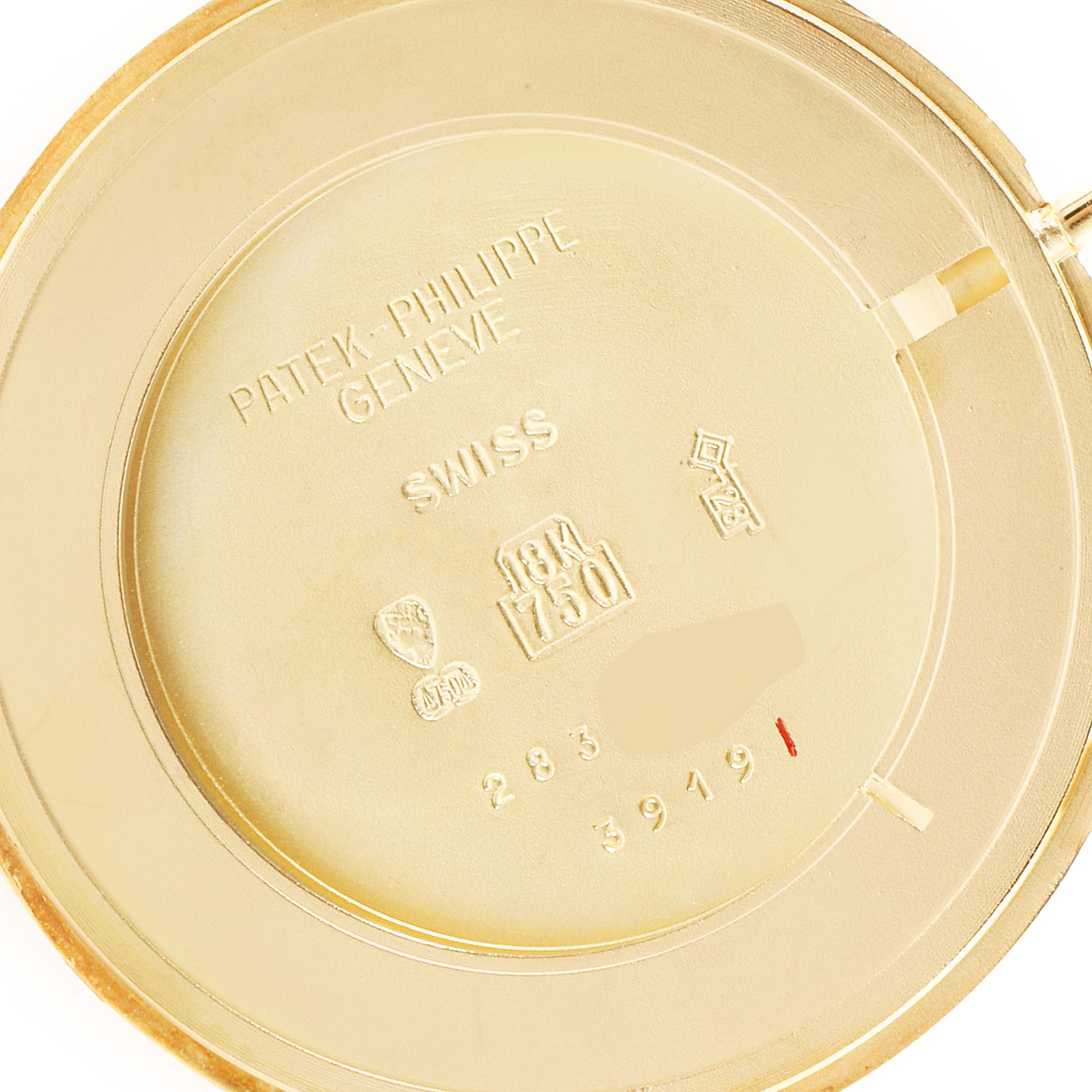 The image shows the inner case back of a Patek Philippe Calatrava 3919 Men's Yellow Gold White Dial 3919 Men's Yellow Gold White Dial watch with various hallmarks and inscriptions.