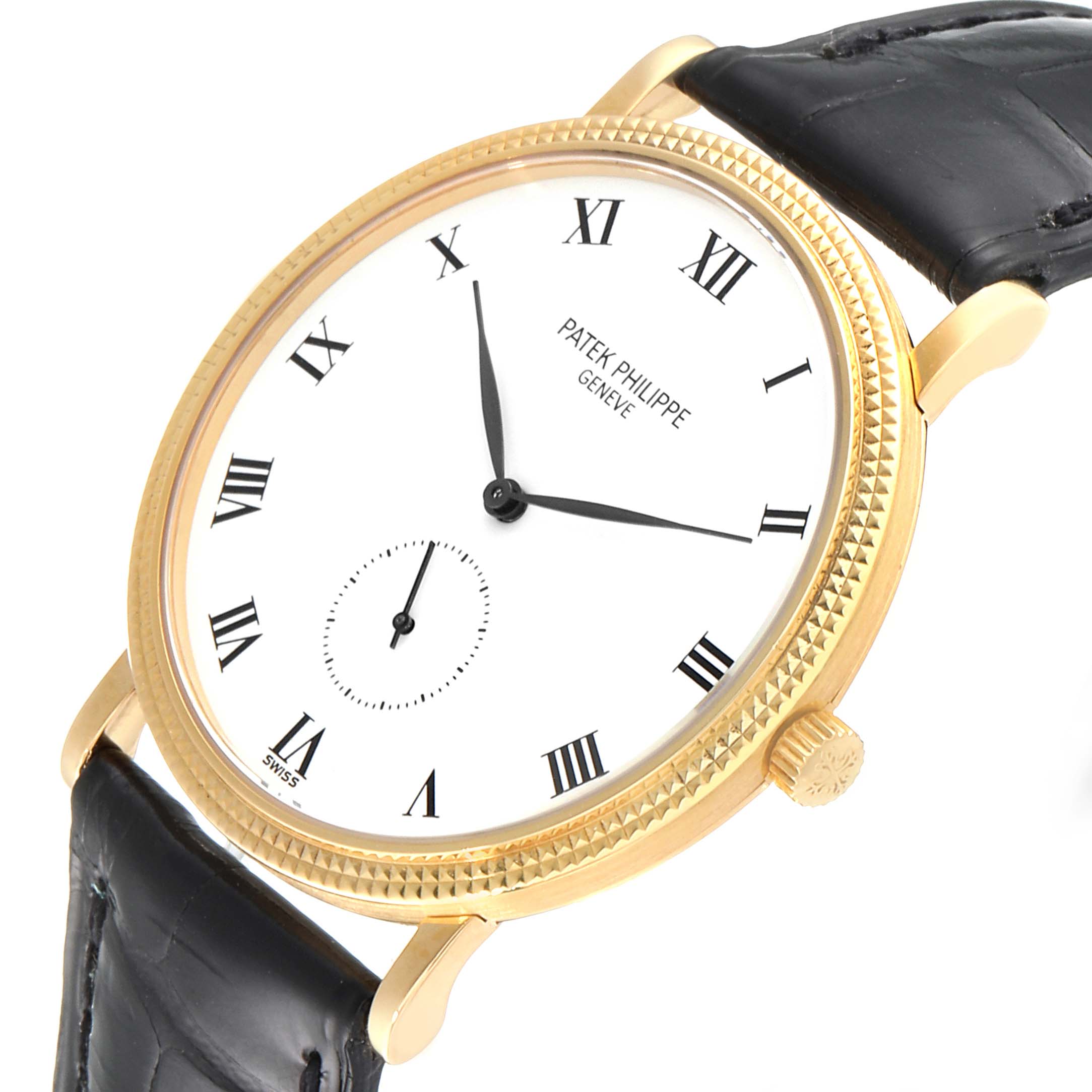 This image shows a Patek Philippe Calatrava 3919 Men's Yellow Gold White Dial 3919 Men's Yellow Gold White Dial watch at an oblique angle, highlighting its face, bezel, and strap.