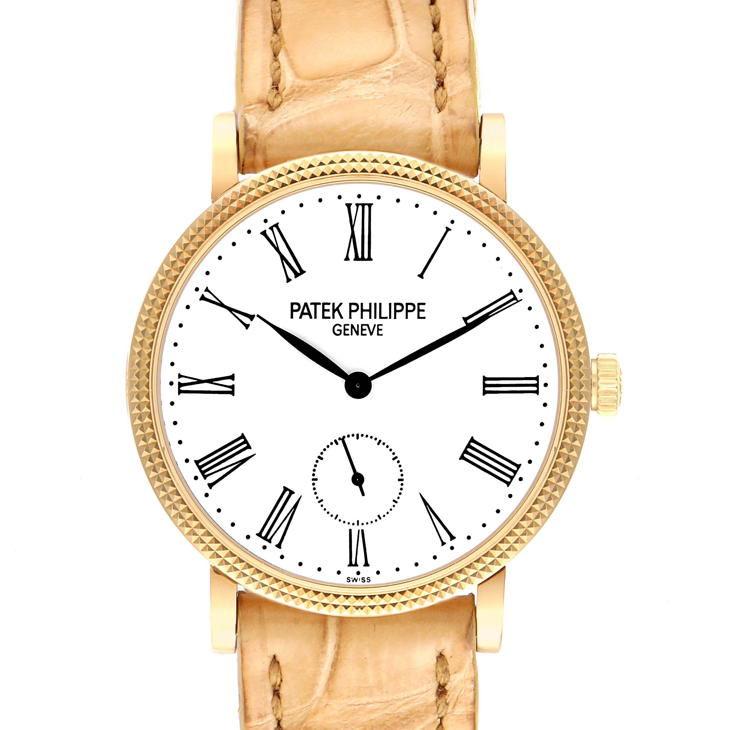 The image shows a front, close-up view of the Patek Philippe Calatrava 7119J Women's Yellow Gold White Dial 7119J Women's Yellow Gold White Dial watch, highlighting its dial, hands, and strap.
