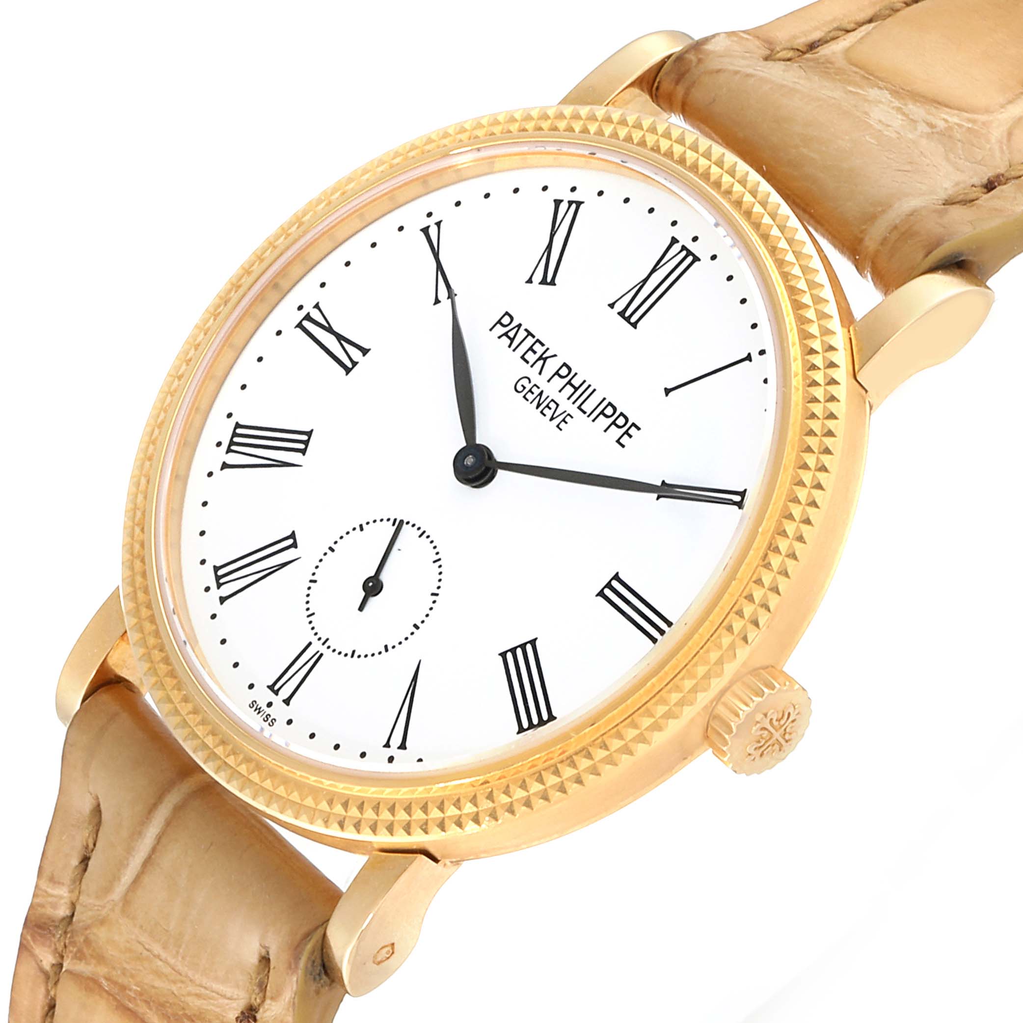 The image shows the Patek Philippe Calatrava 7119J Women's Yellow Gold White Dial 7119J Women's Yellow Gold White Dial watch at a slight angle, featuring the dial, hands, case, crown, and part of the strap.