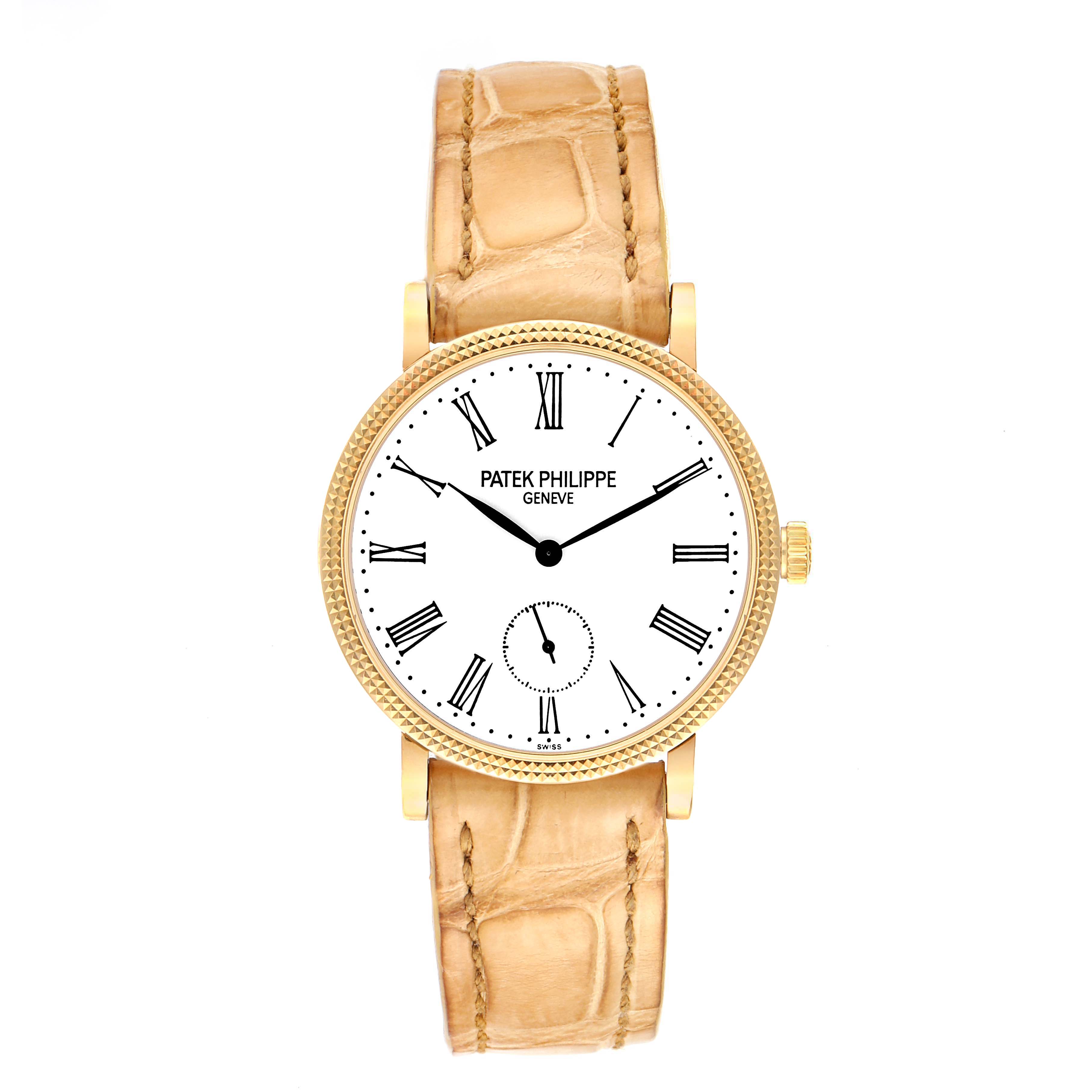 This image shows a frontal view of the Patek Philippe Calatrava 7119J Women's Yellow Gold White Dial 7119J Women's Yellow Gold White Dial watch, featuring a beige leather strap and a white dial with Roman numerals.