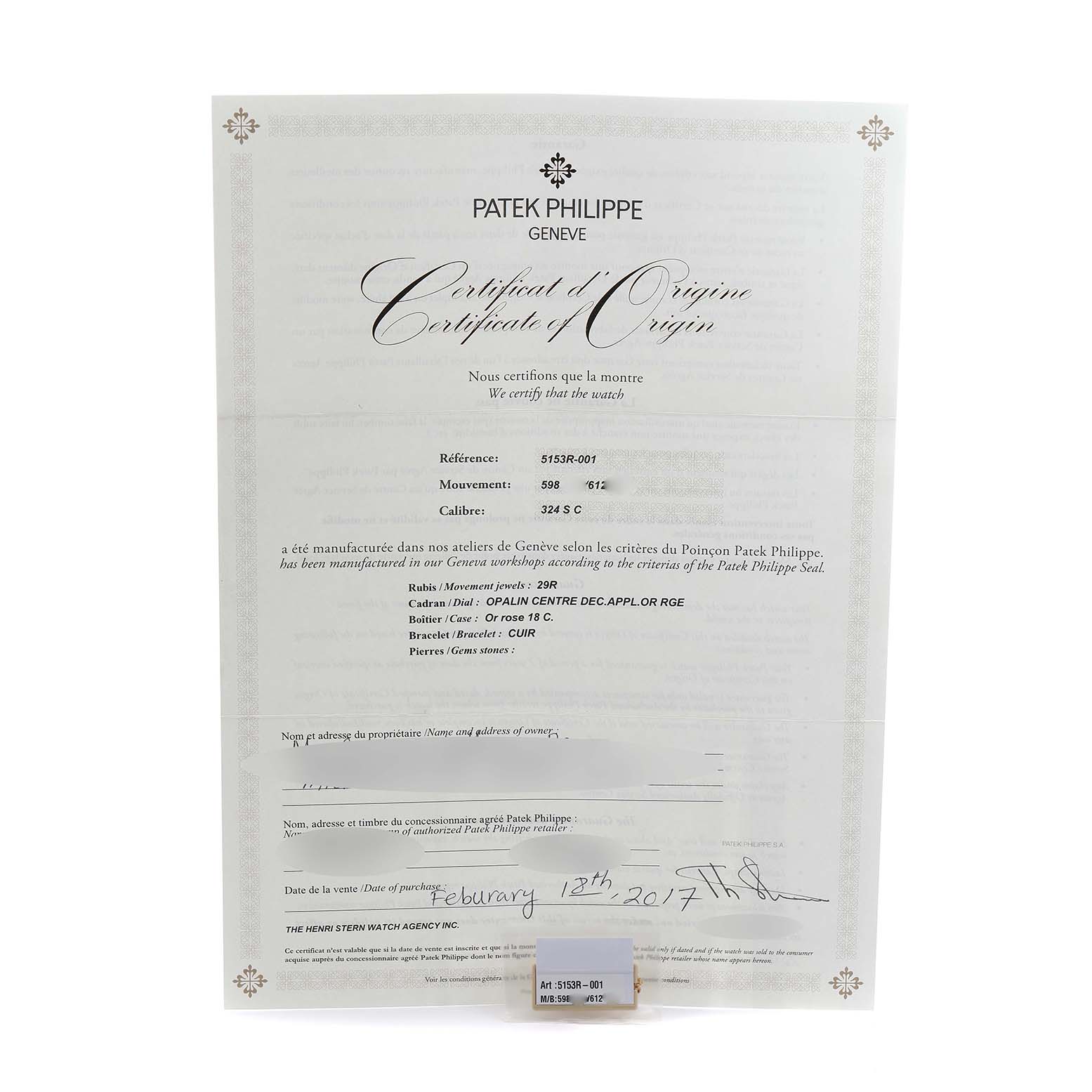 This image shows the Certificate of Origin for a Patek Philippe Calatrava 5153 5153R Men's Rose Gold Silver Dial model, displayed upright.