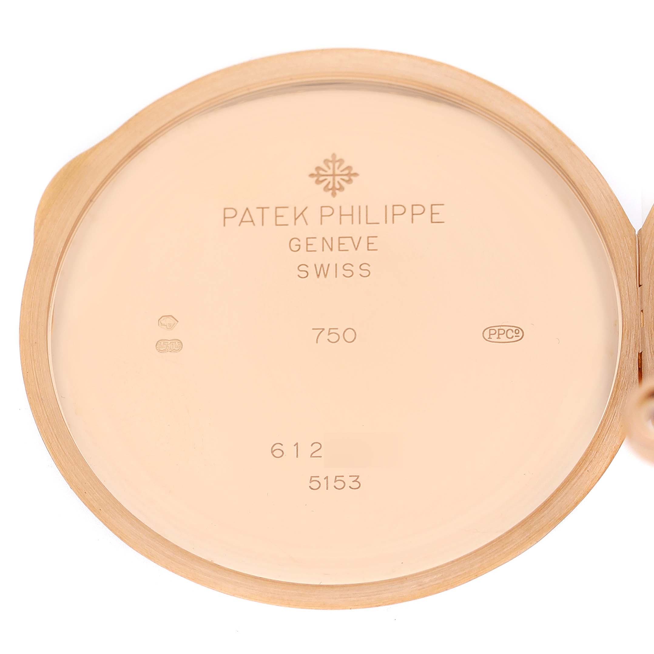 The image shows the inside case back of a Patek Philippe Calatrava 5153 5153R Men's Rose Gold Silver Dial watch, highlighting engravings and hallmarks.