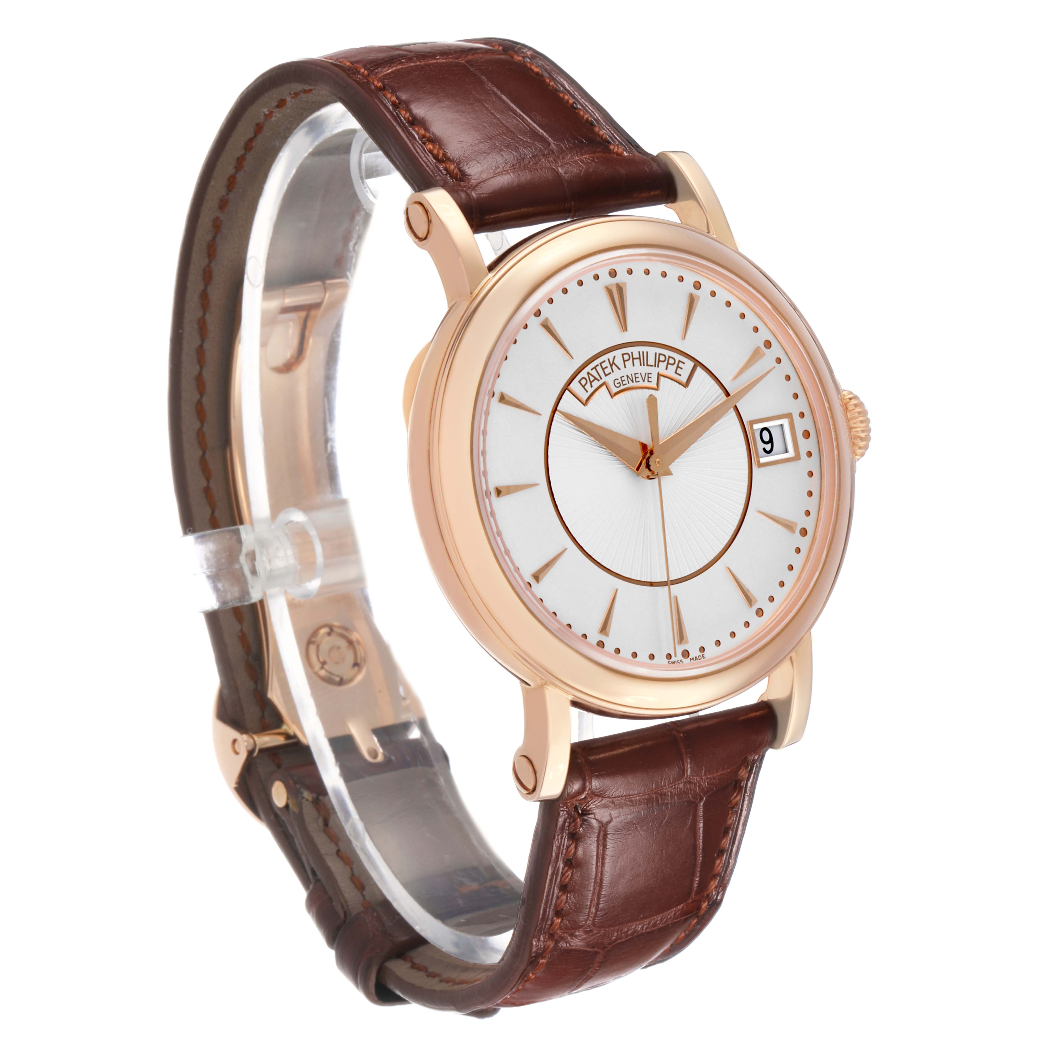 The Patek Philippe Calatrava 5153 5153R Men's Rose Gold Silver Dial watch is shown at a side angle, highlighting the case, dial, hands, date window, and leather strap.