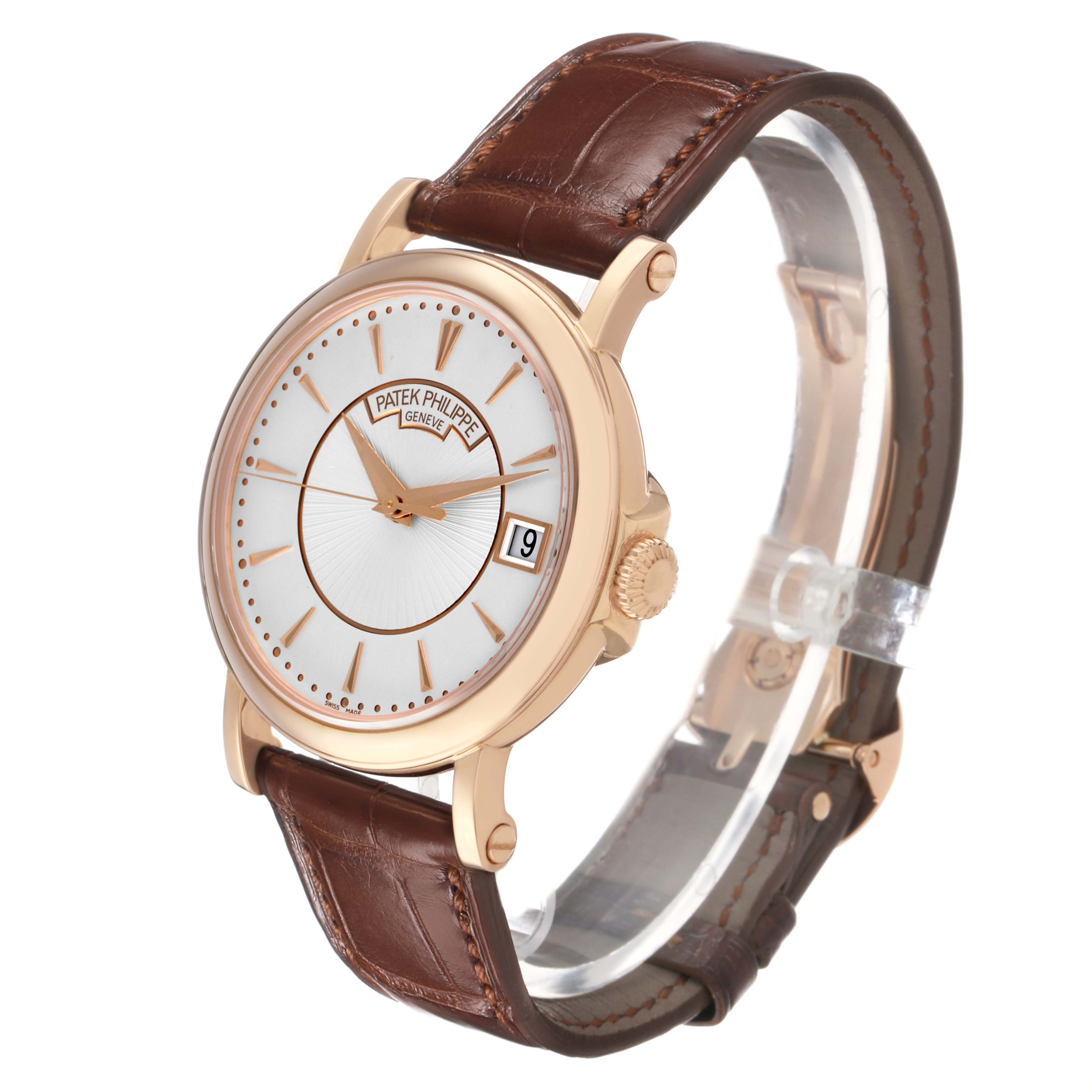 The Patek Philippe Calatrava 5153 5153R Men's Rose Gold Silver Dial is shown at a three-quarter angle, highlighting the face, crown, and leather strap.