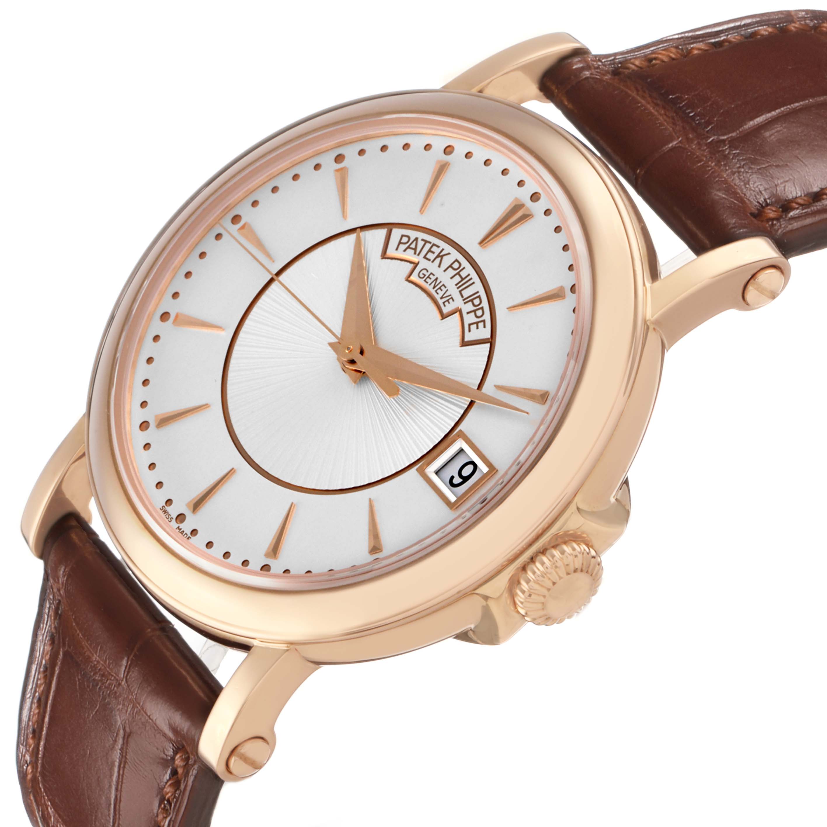 The Patek Philippe Calatrava 5153 5153R Men's Rose Gold Silver Dial model is shown at a three-quarter angle, highlighting its dial, crown, and brown leather strap.