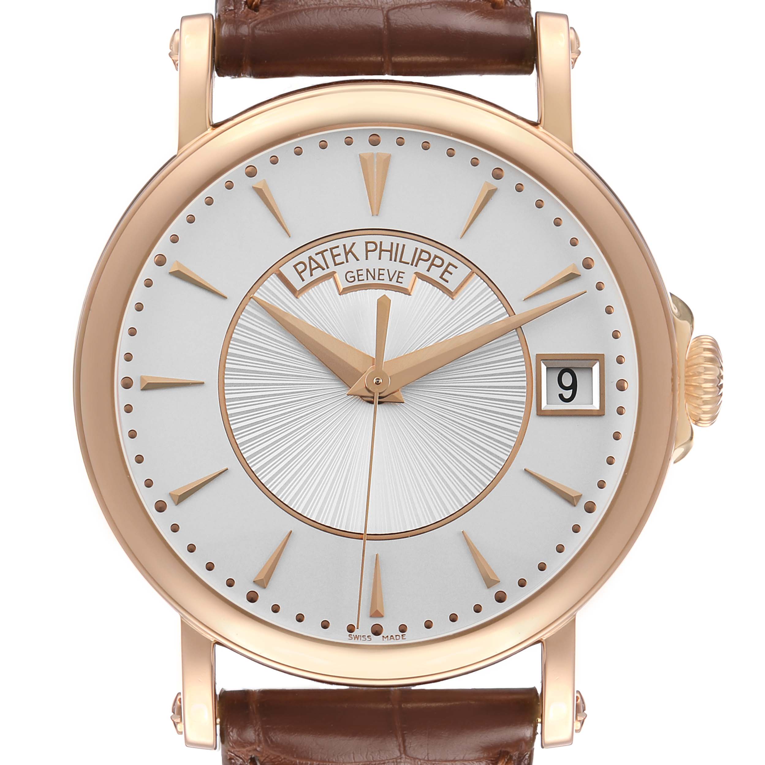 The Patek Philippe Calatrava 5153 5153R Men's Rose Gold Silver Dial watch is shown from the front, displaying its dial, hands, date window, and bezel.