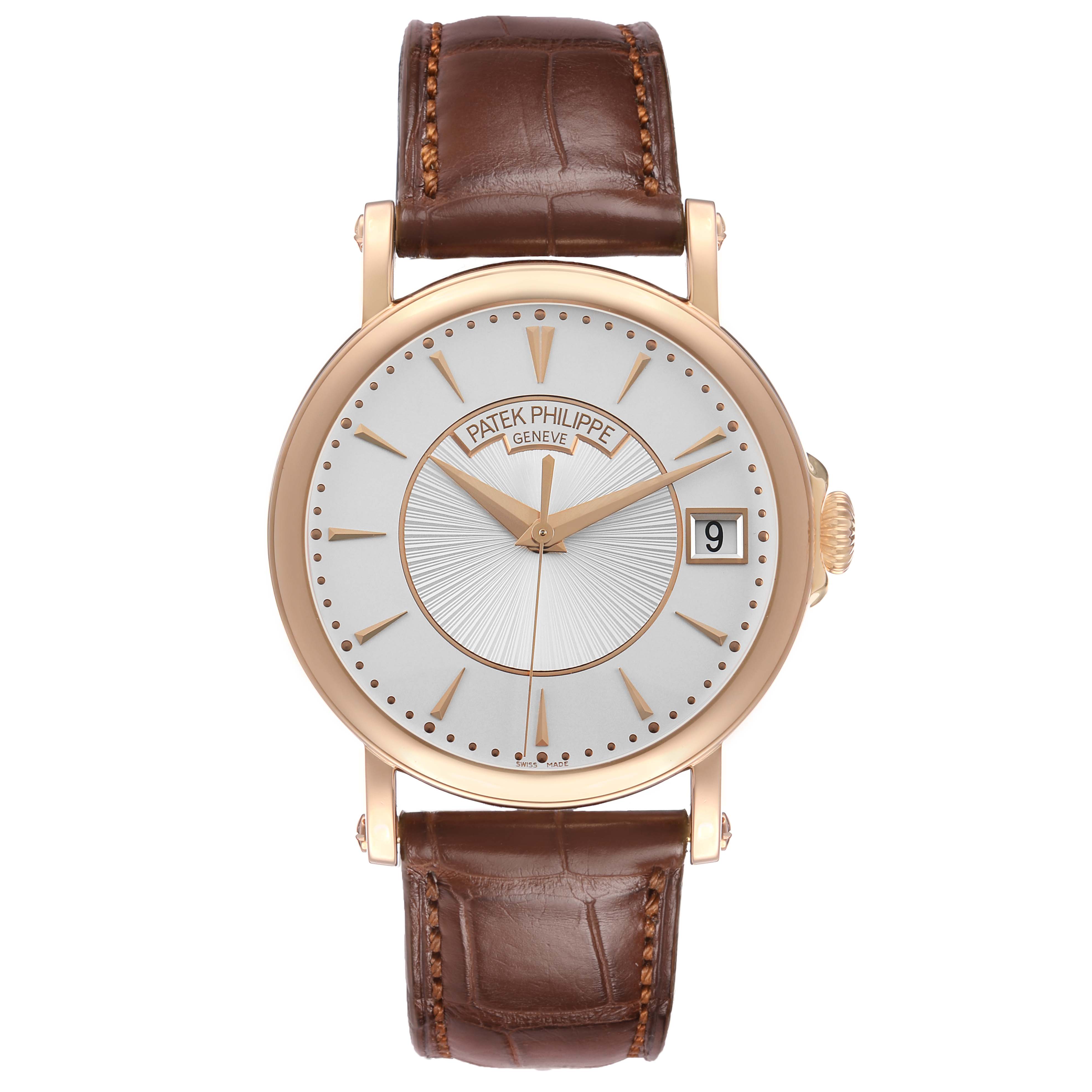 The Patek Philippe Calatrava 5153 5153R Men's Rose Gold Silver Dial watch is shown in a front view, highlighting the dial, hands, crown, and leather strap.