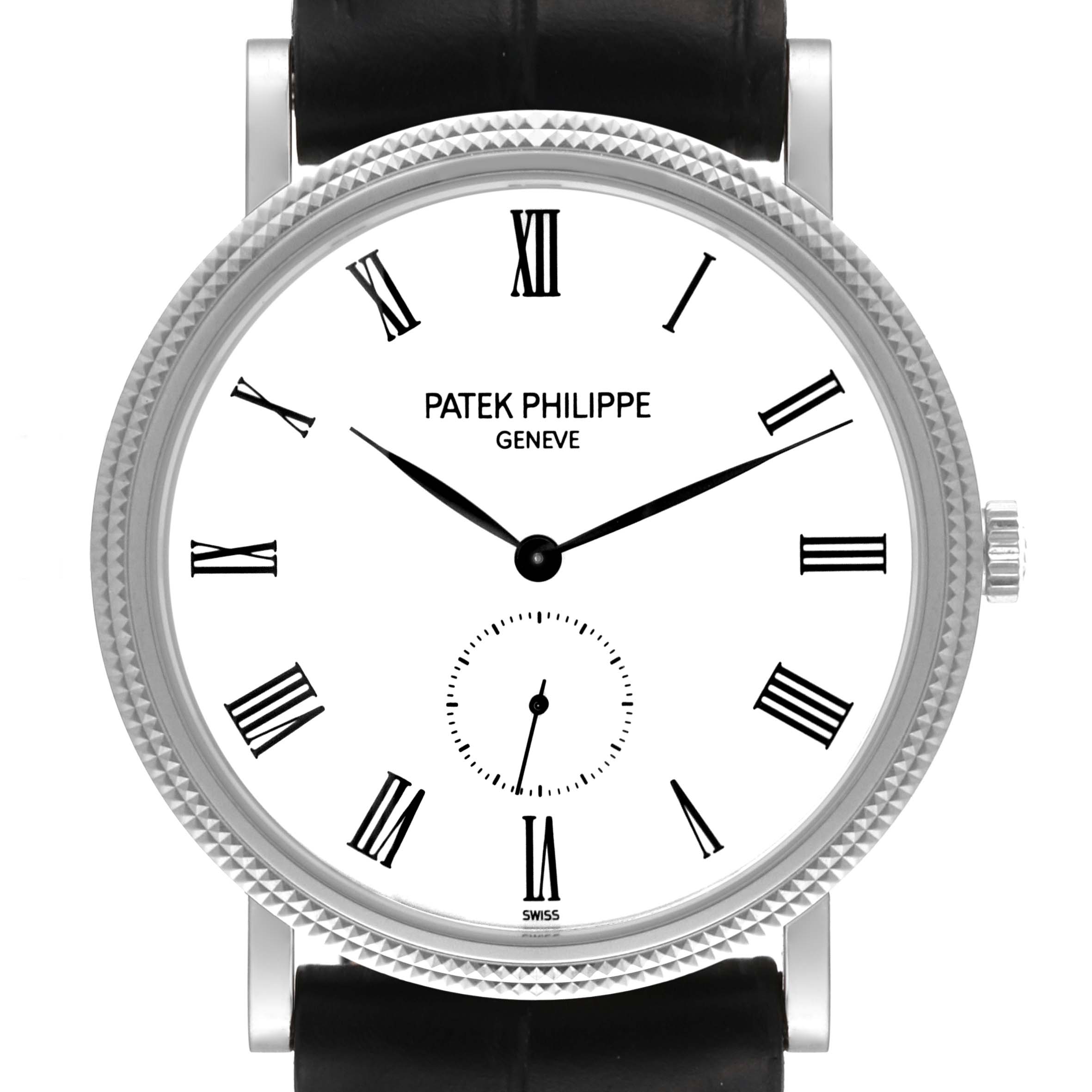 This image shows a front view of a Patek Philippe Calatrava 5119G Men
s White Gold White Dial 5119G Men
s White Gold White Dial watch, highlighting its face, Roman numerals, hands, and crown.