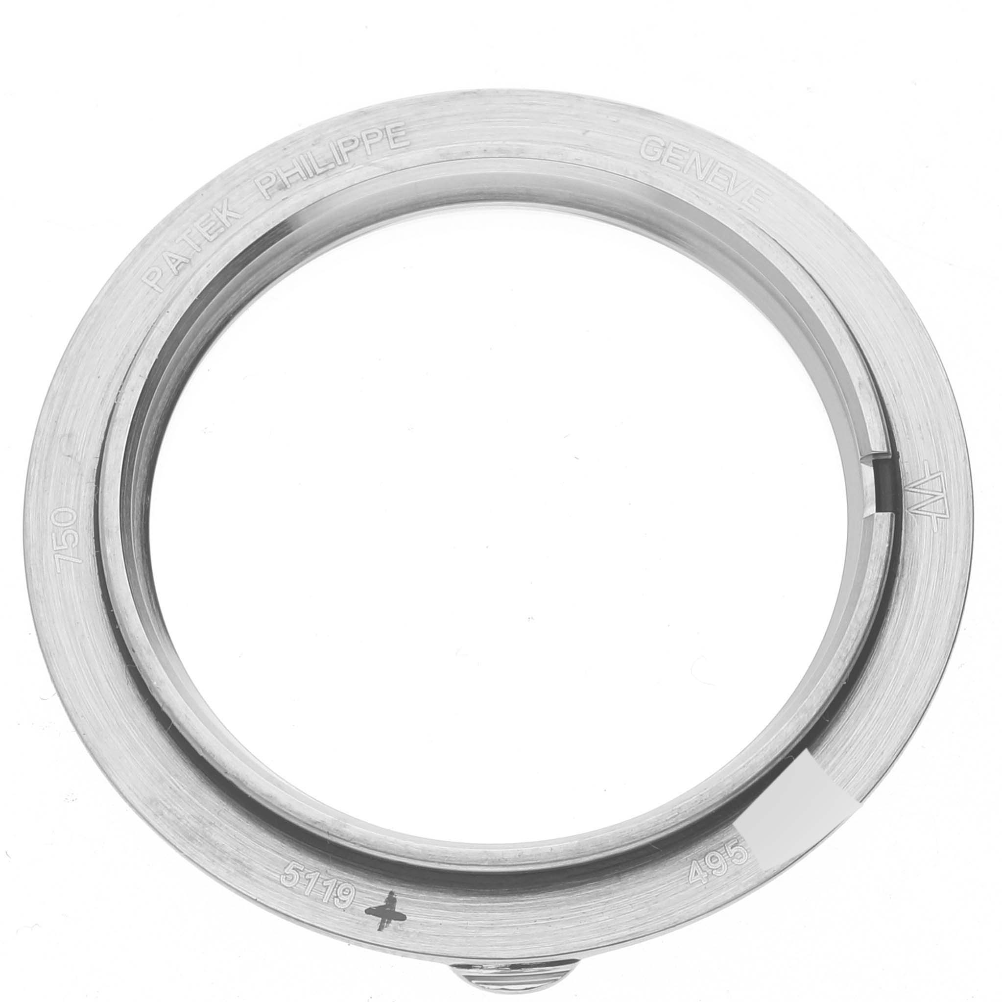 This image shows the bezel of a Patek Philippe Calatrava 5119G Men
s White Gold White Dial 5119G Men
s White Gold White Dial watch, viewed from above.