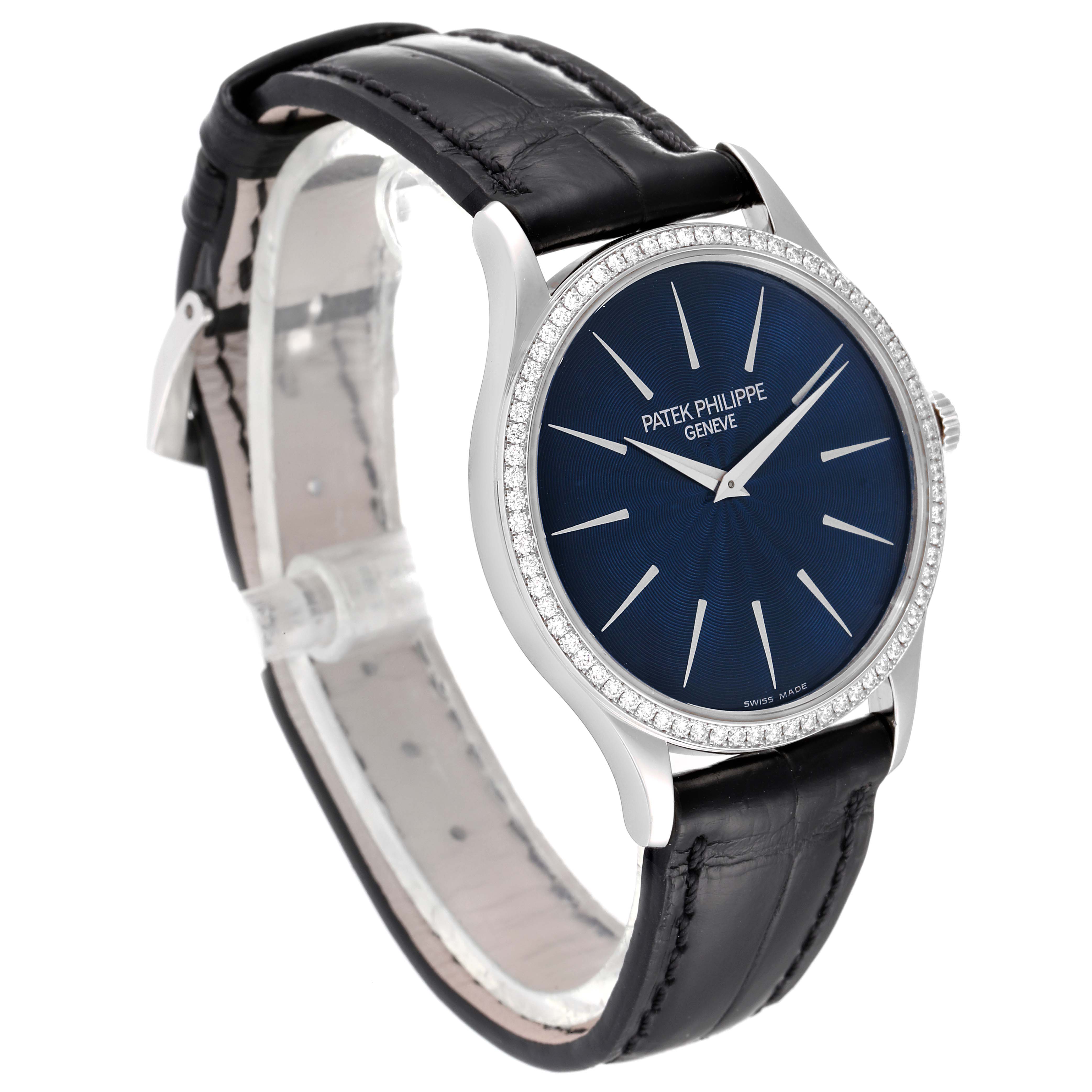 This image shows a Patek Philippe Calatrava 4896G Women's White Gold Blue Dial 4896G Women's White Gold Blue Dial watch at a three-quarter angle, highlighting its blue dial, diamond bezel, and black leather strap.
