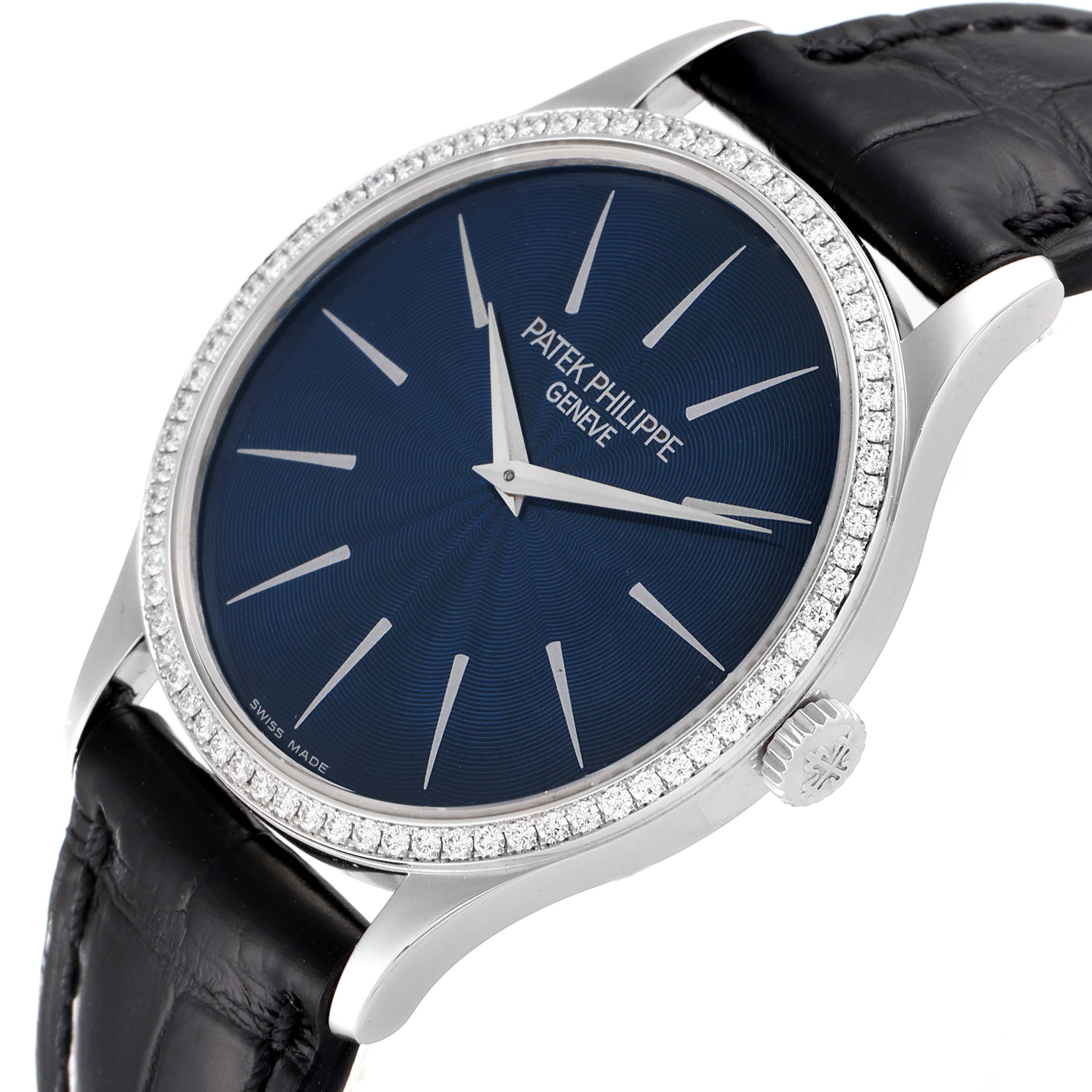 The image shows a Patek Philippe Calatrava 4896G Women's White Gold Blue Dial 4896G Women's White Gold Blue Dial watch at a slight angle displaying the dial, bezel, crown, and part of the strap.