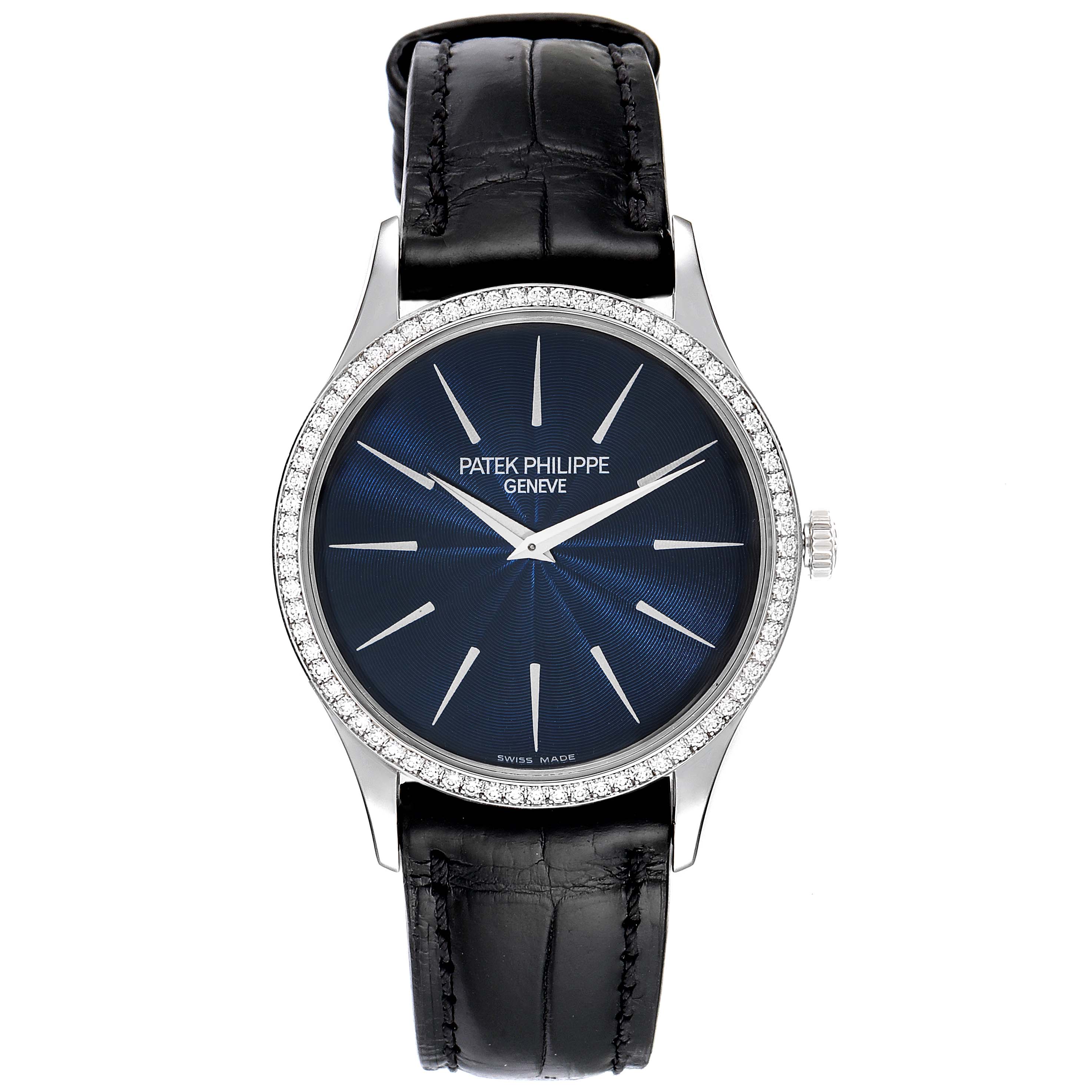 The image shows a front view of a Patek Philippe Calatrava 4896G Women's White Gold Blue Dial 4896G Women's White Gold Blue Dial watch, featuring the dial, bezel, strap, and crown.