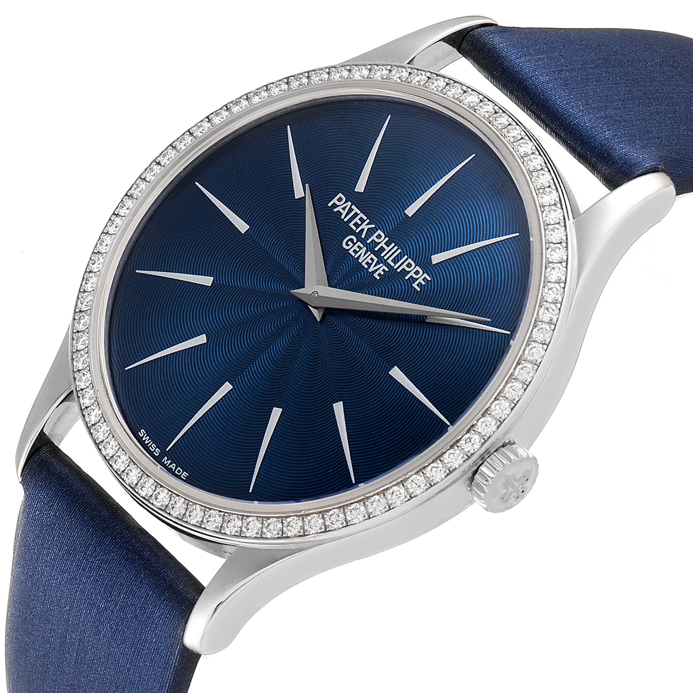 This image shows a Patek Philippe Calatrava 4896G Men's White Gold Blue Dial 4896G Men's White Gold Blue Dial watch from a high-angle view, highlighting the face, bezel, and crown.