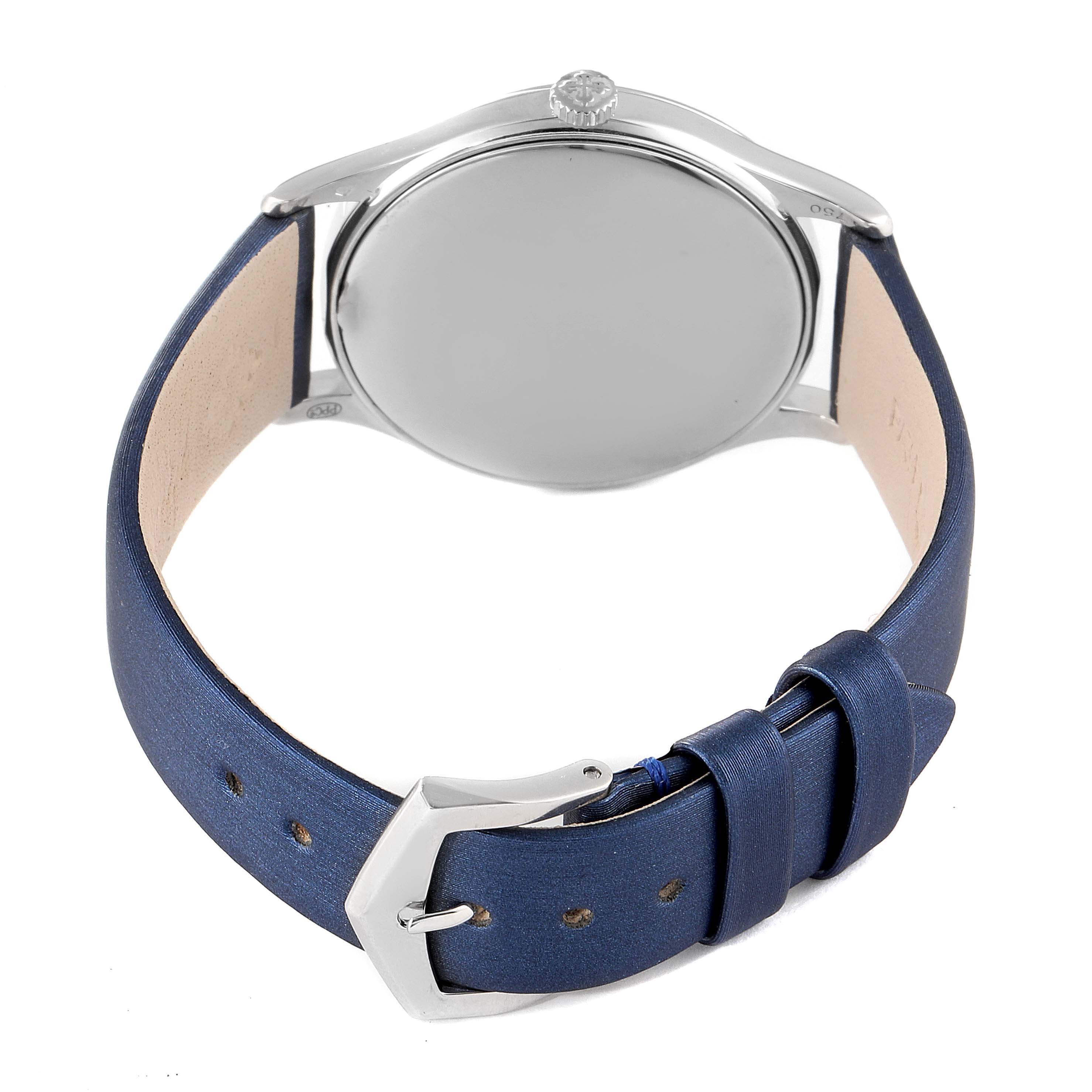 This image shows the back case and blue leather strap of a Patek Philippe Calatrava 4896G Men's White Gold Blue Dial 4896G Men's White Gold Blue Dial watch at a rear angle.