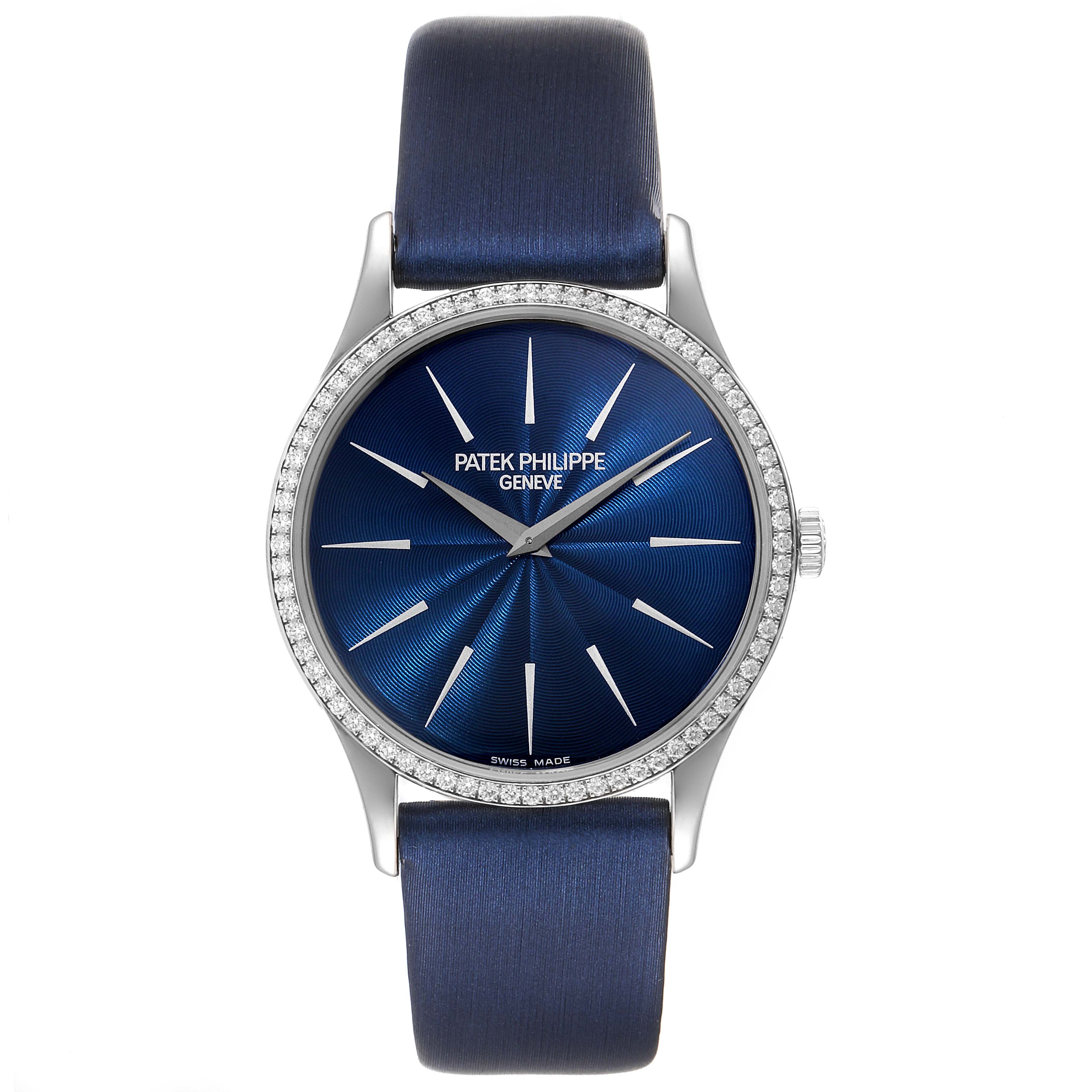 This image shows a front view of the Patek Philippe Calatrava 4896G Men's White Gold Blue Dial 4896G Men's White Gold Blue Dial watch featuring a blue dial, diamond bezel, and blue strap.