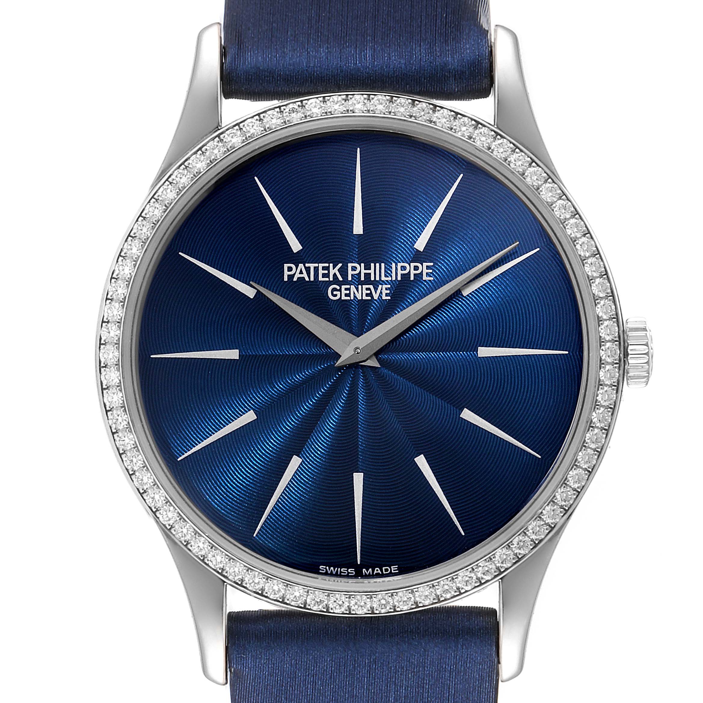 This image shows a front view of a Patek Philippe Calatrava 4896G Men's White Gold Blue Dial 4896G Men's White Gold Blue Dial watch, highlighting its blue dial, silver hands, and bezel with diamonds.