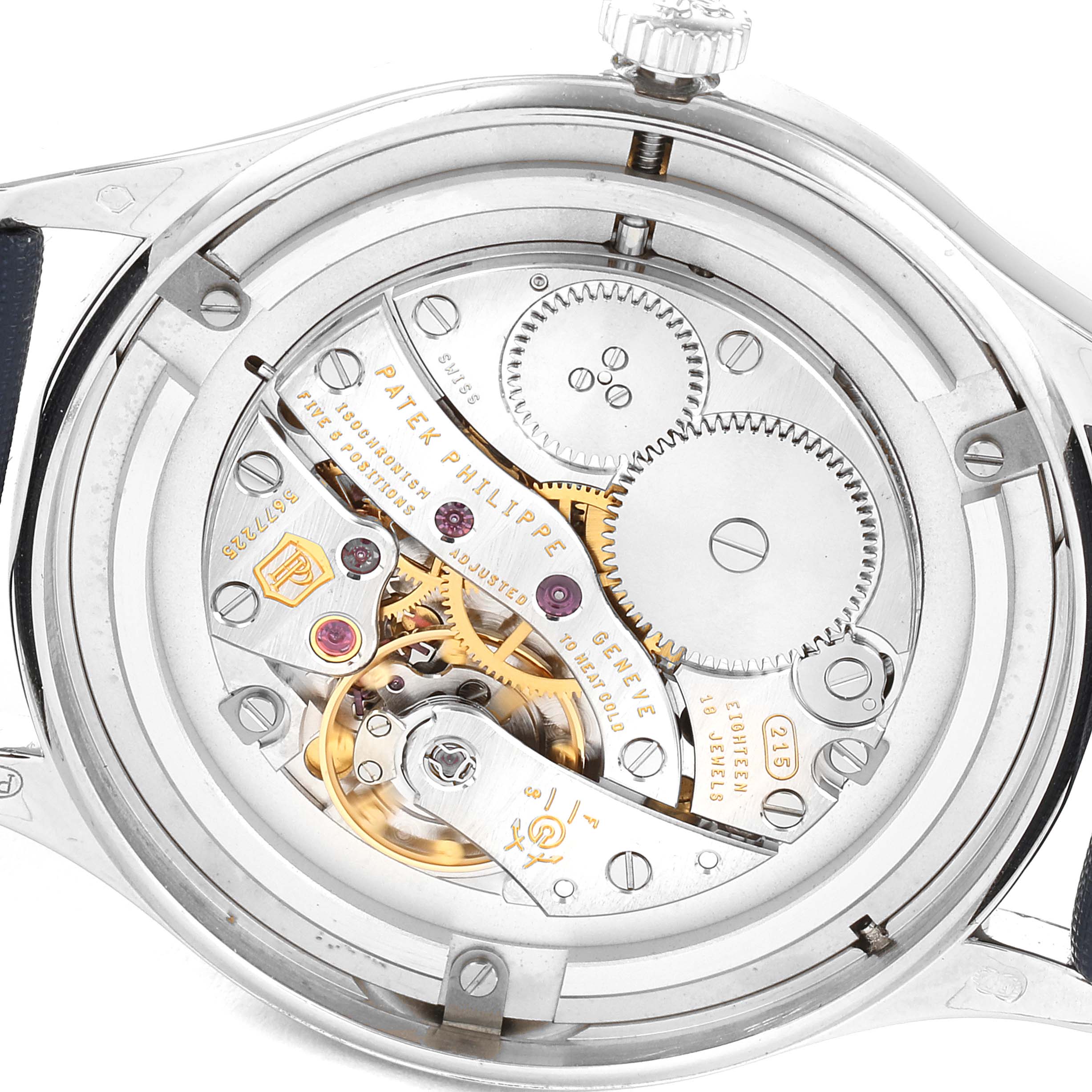 The image shows the back of the Patek Philippe Calatrava 4897G-001 Women's White Gold Blue Dial 4897G-001 Women's White Gold Blue Dial watch, showcasing its intricate internal mechanics and gears.