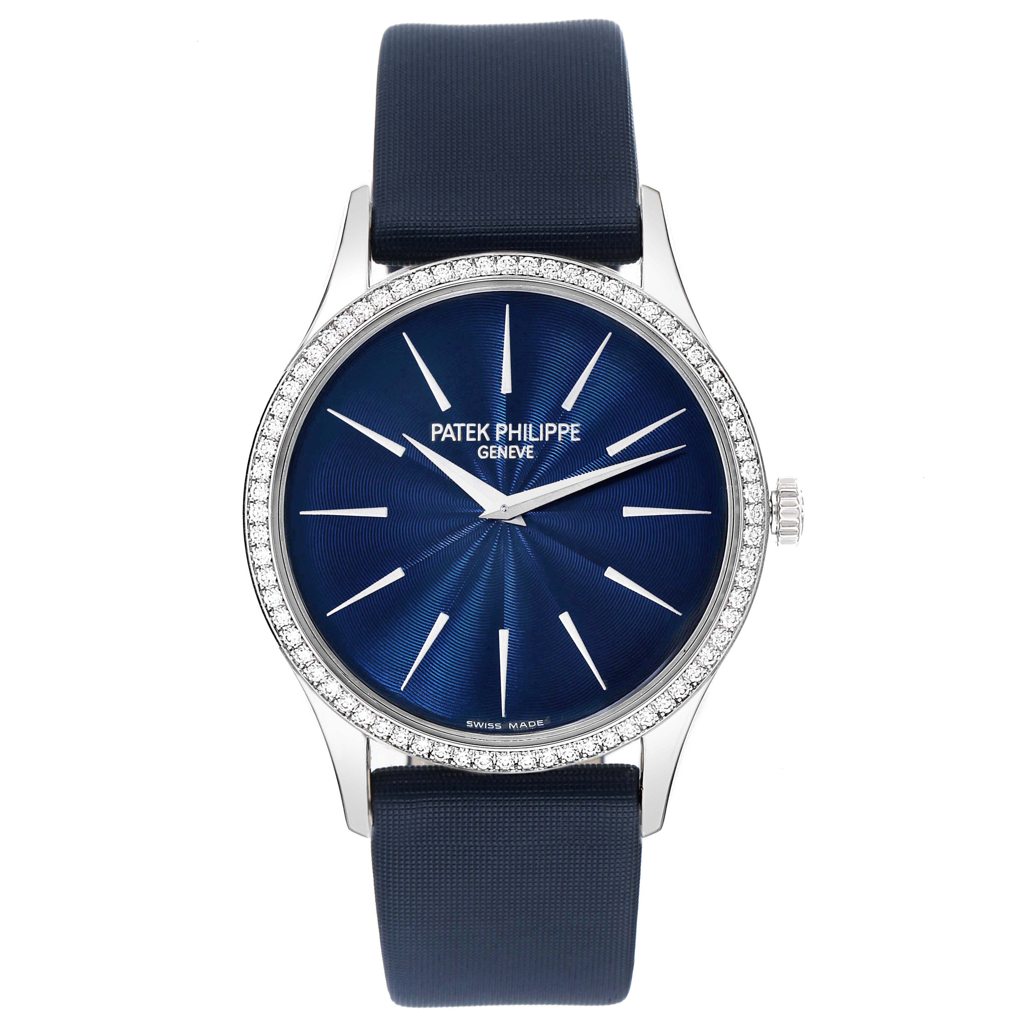 The image shows a front view of a Patek Philippe Calatrava 4897G-001 Women's White Gold Blue Dial 4897G-001 Women's White Gold Blue Dial watch featuring a blue dial, silver markers, and a diamond-studded bezel.