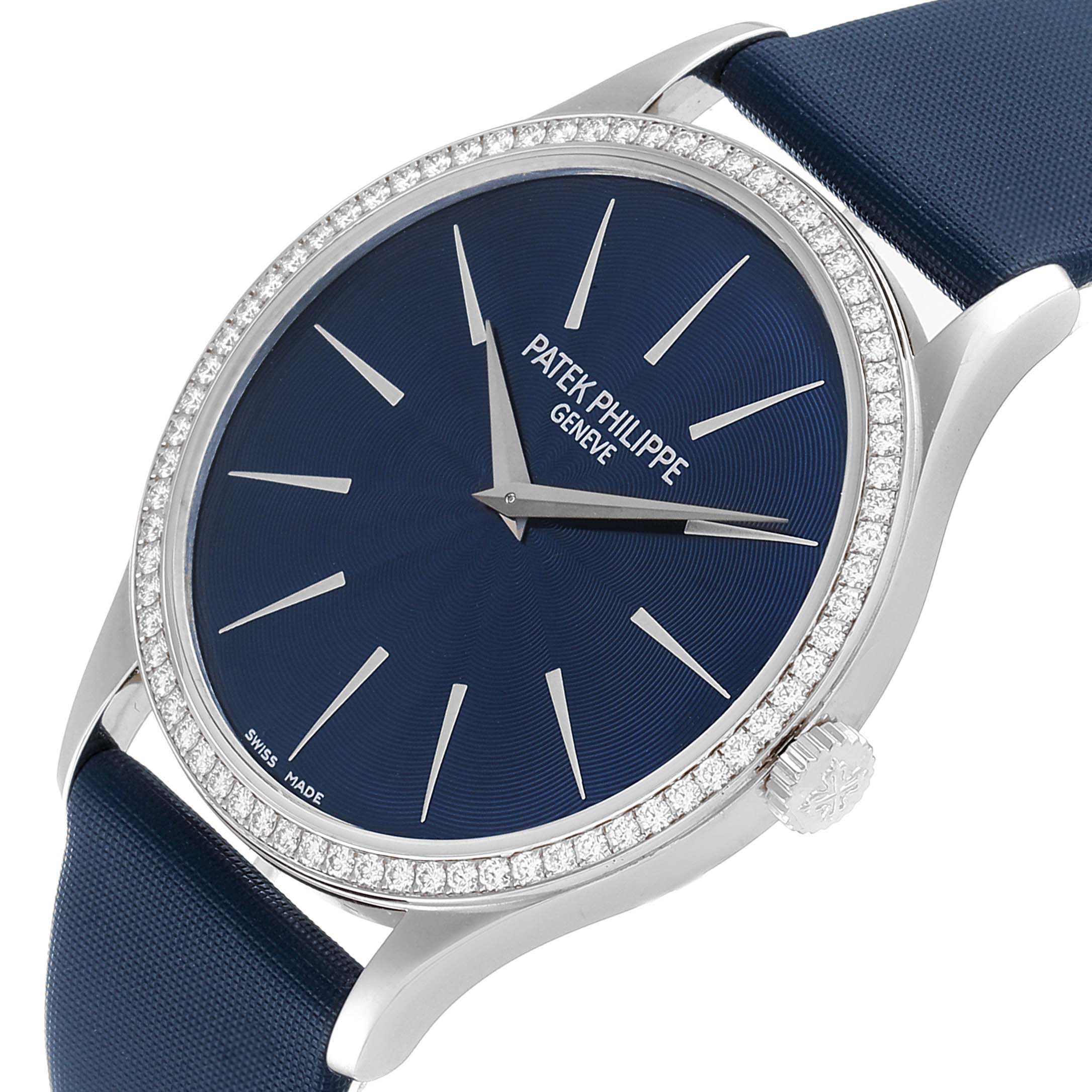 This image shows the front and side views of a Patek Philippe Calatrava 4897G-001 Women's White Gold Blue Dial 4897G-001 Women's White Gold Blue Dial watch, highlighting its blue face, diamond bezel, and strap.