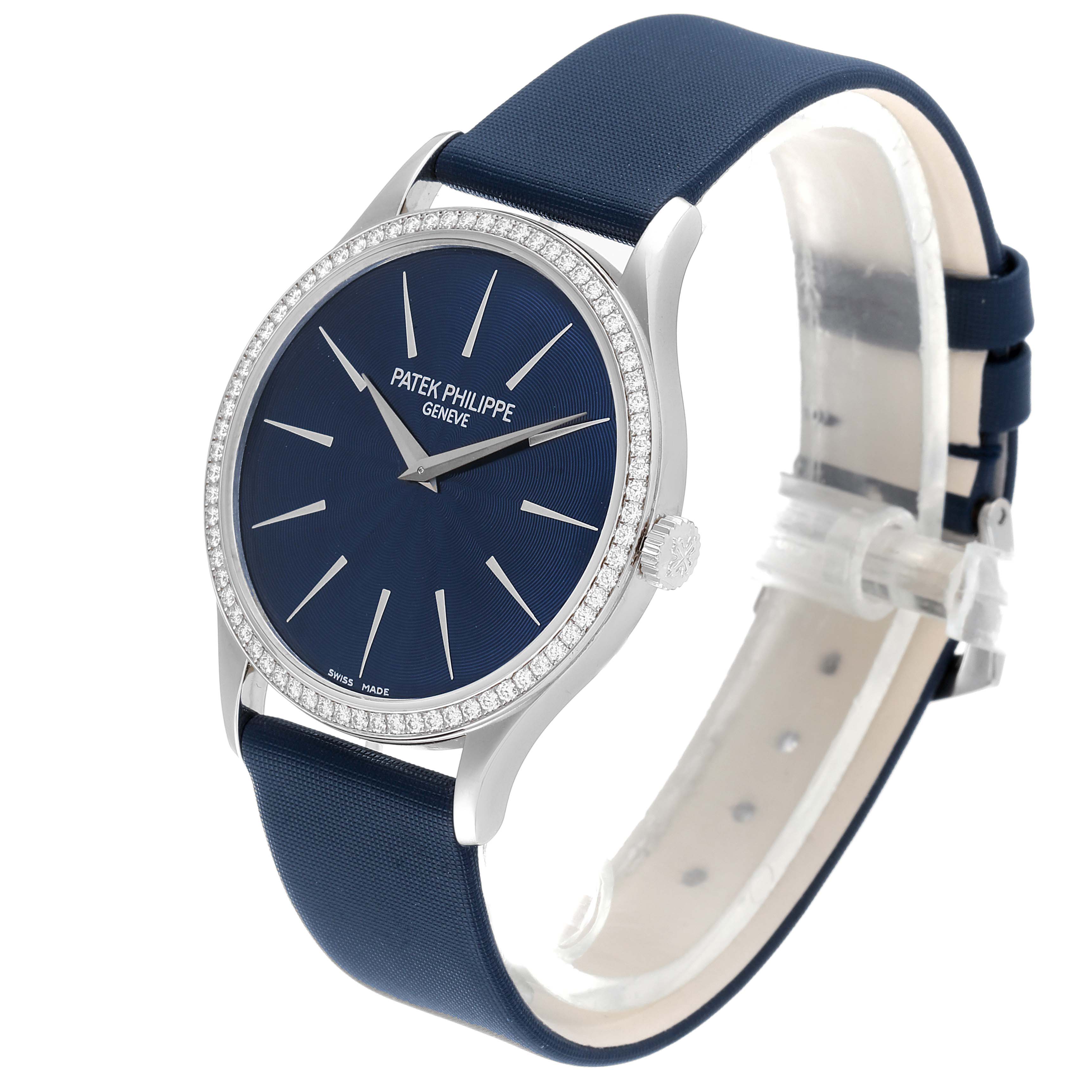 This image shows a Patek Philippe Calatrava 4897G-001 Women's White Gold Blue Dial 4897G-001 Women's White Gold Blue Dial watch at a slight angle, displaying its blue dial, bezel, case, and strap.