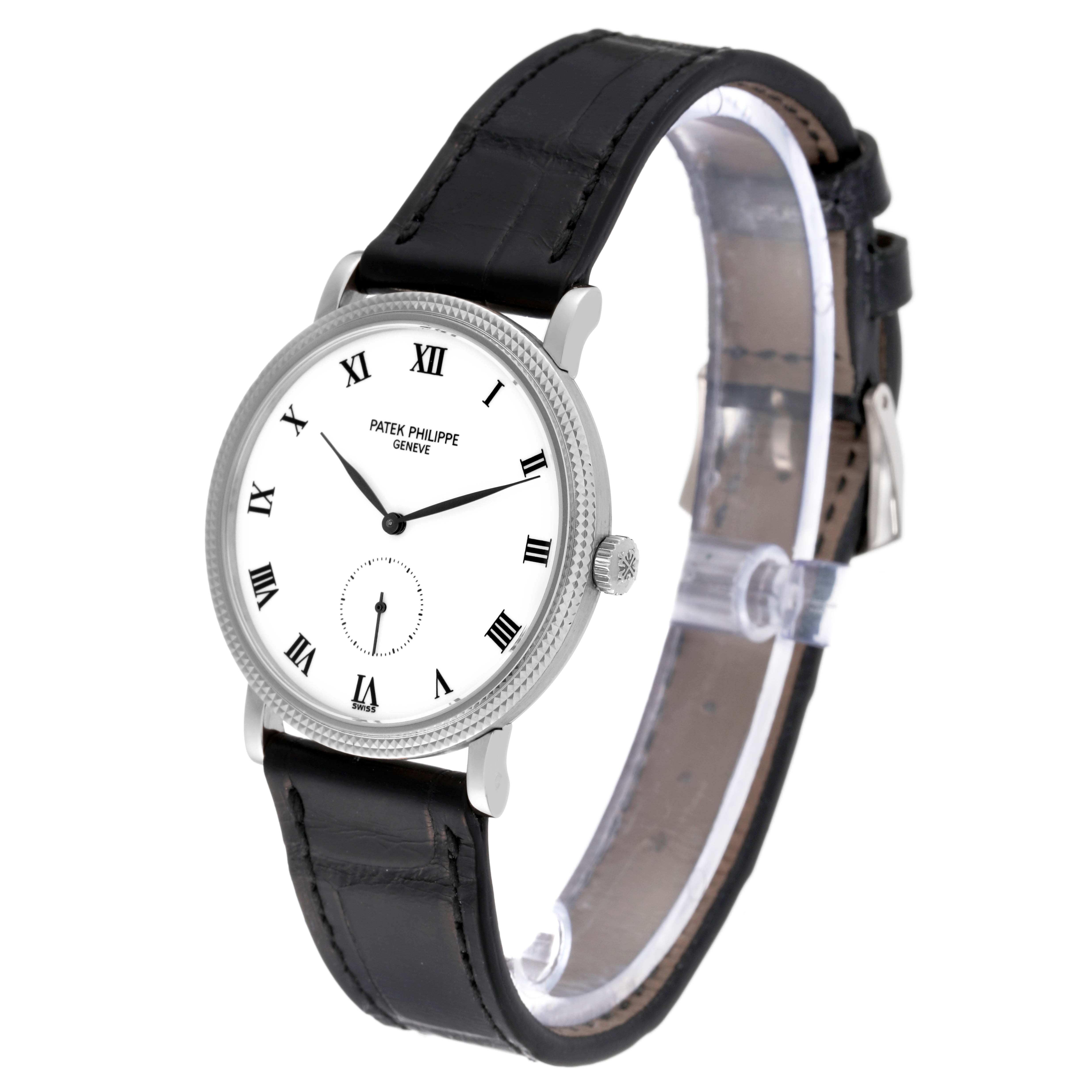 This image shows a Patek Philippe Calatrava 3919G-001 Men
s White Gold White Dial 3919G-001 Men
s White Gold White Dial watch at a slight angle, highlighting the face, crown, and strap.
