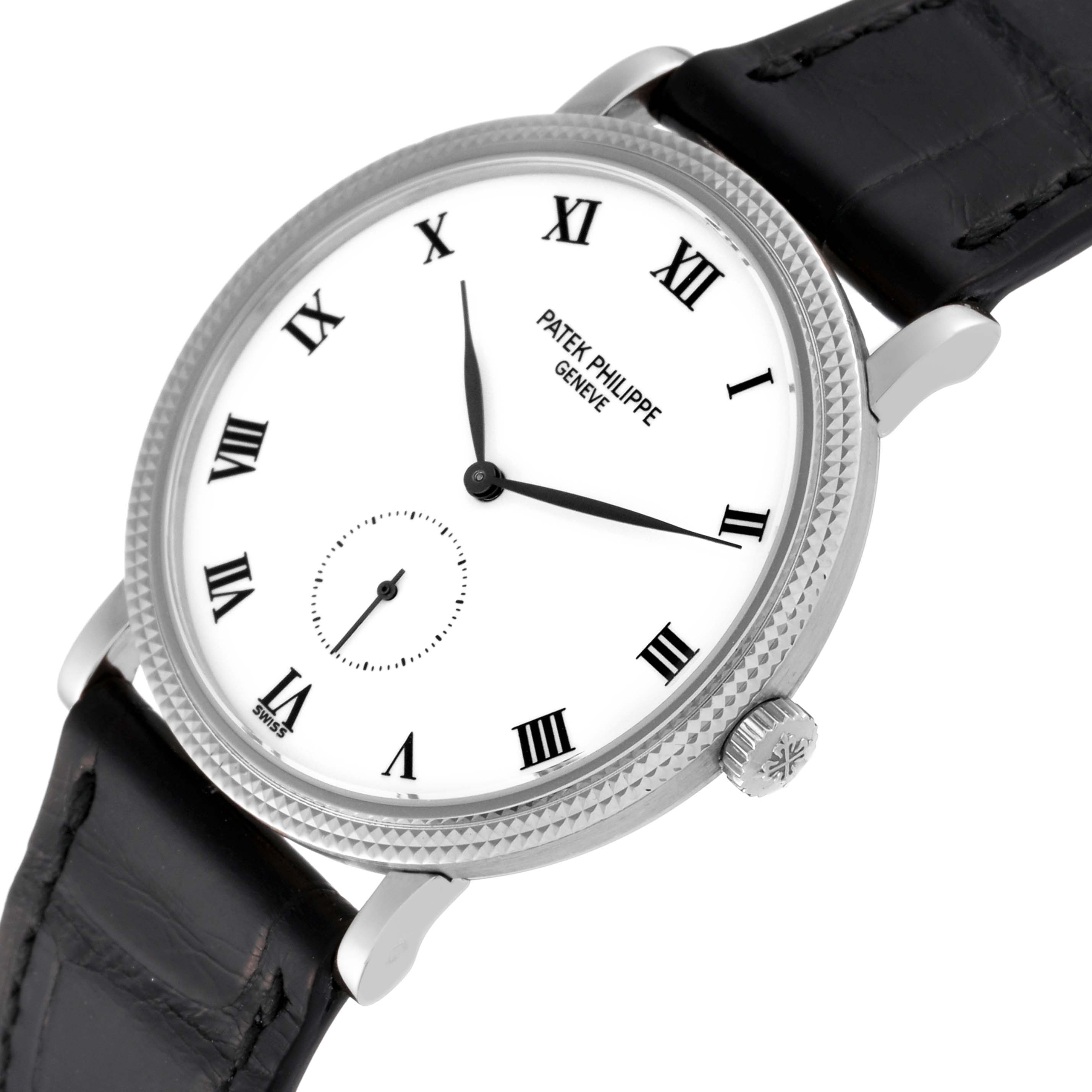 The image shows a close-up of the Patek Philippe Calatrava 3919G-001 Men
s White Gold White Dial 3919G-001 Men
s White Gold White Dial watch, highlighting the dial, Roman numerals, crown, case, and leather strap.
