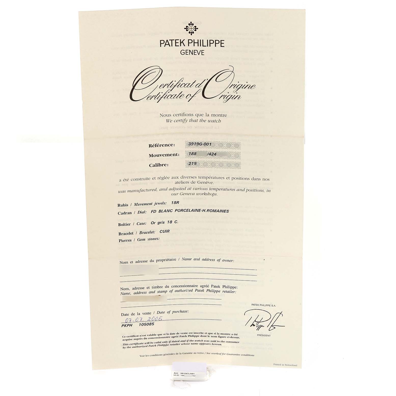 The image shows the Certificate of Origin for the Calatrava model by Patek Philippe, detailing specifications like reference number and purchase date.