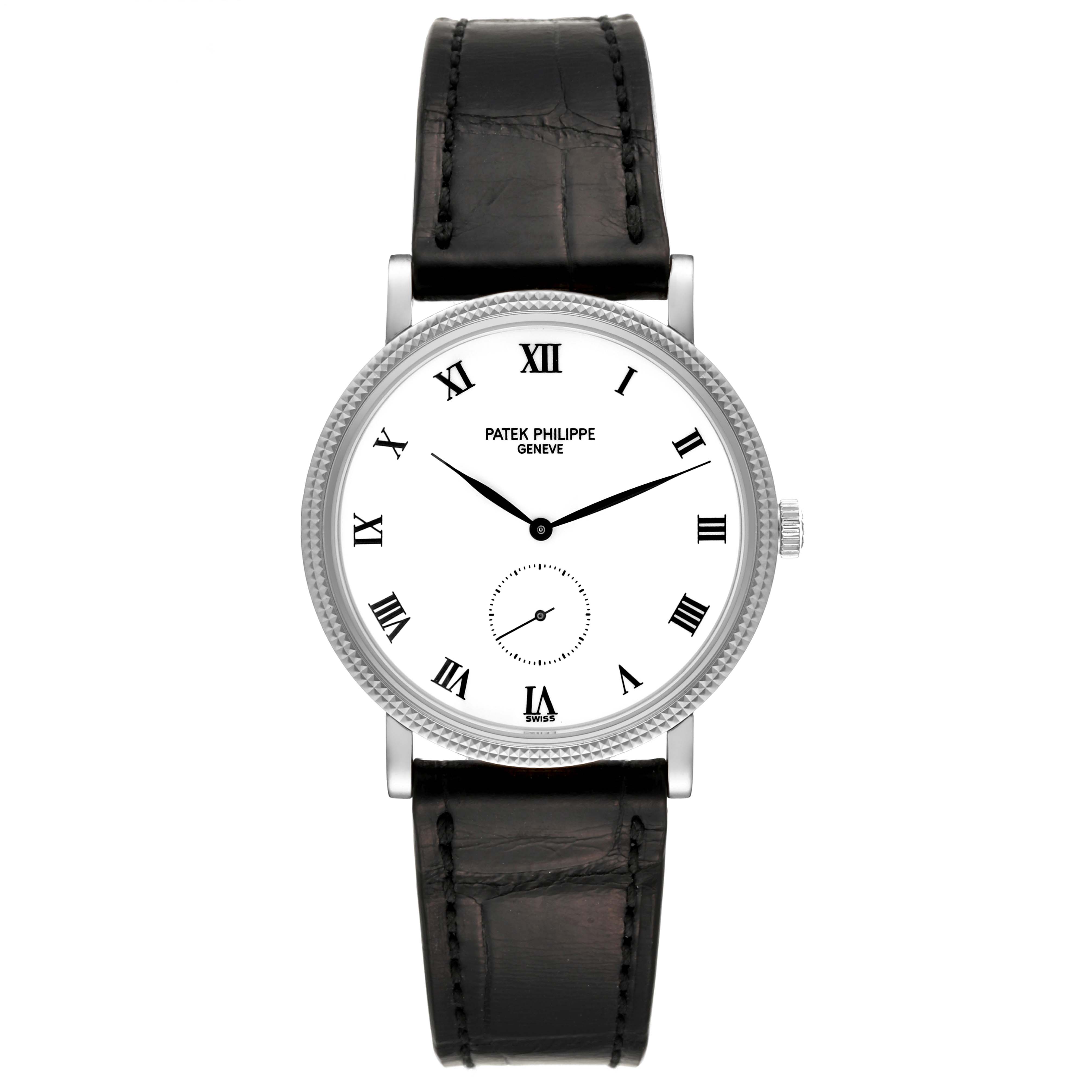 The image displays a front view of a Patek Philippe Calatrava 3919G-001 Men
s White Gold White Dial 3919G-001 Men
s White Gold White Dial watch with a white dial, black Roman numerals, and a black leather strap.