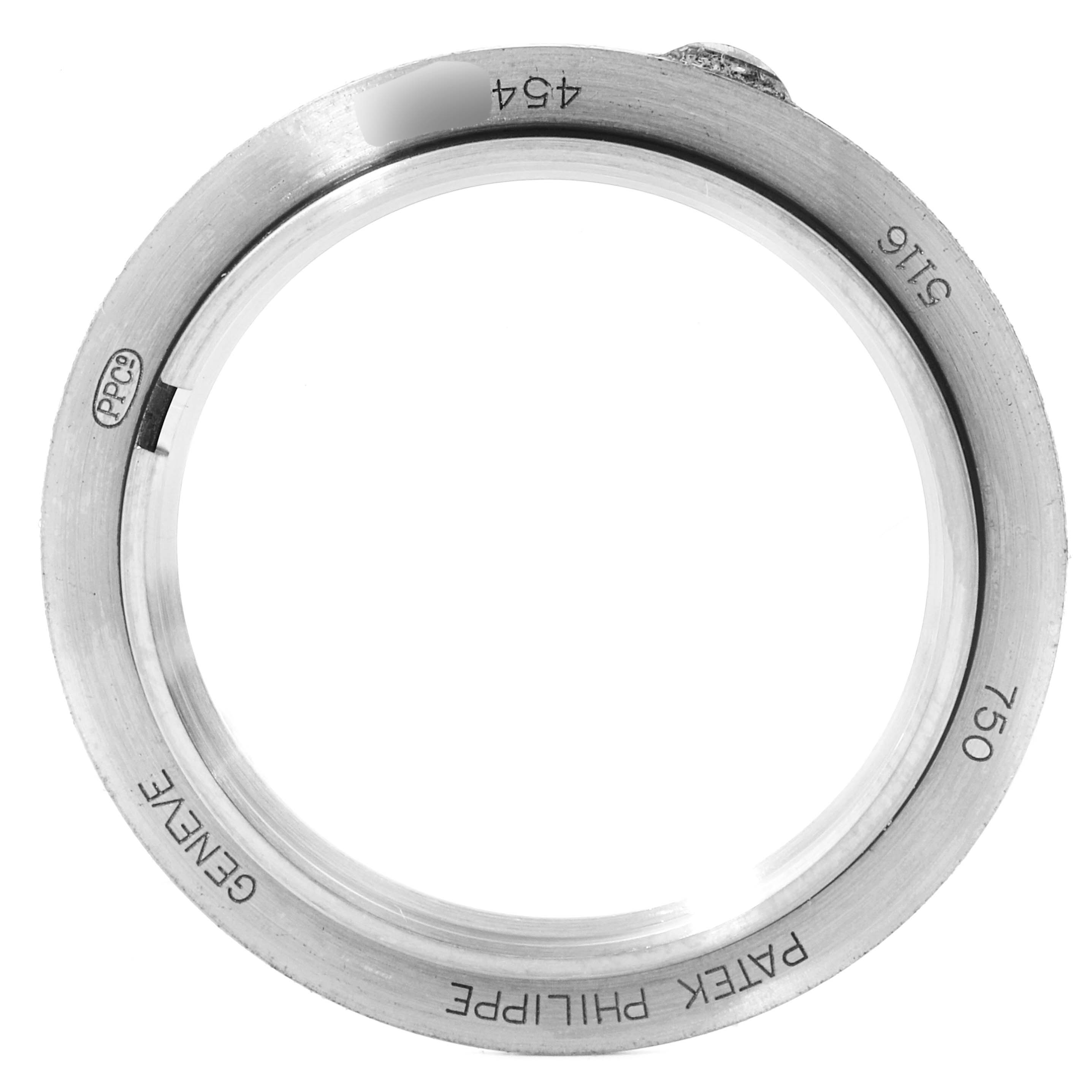 This image shows the bezel of a Patek Philippe Calatrava 5116G Men
s White Gold White Dial 5116G Men
s White Gold White Dial watch viewed from the top.