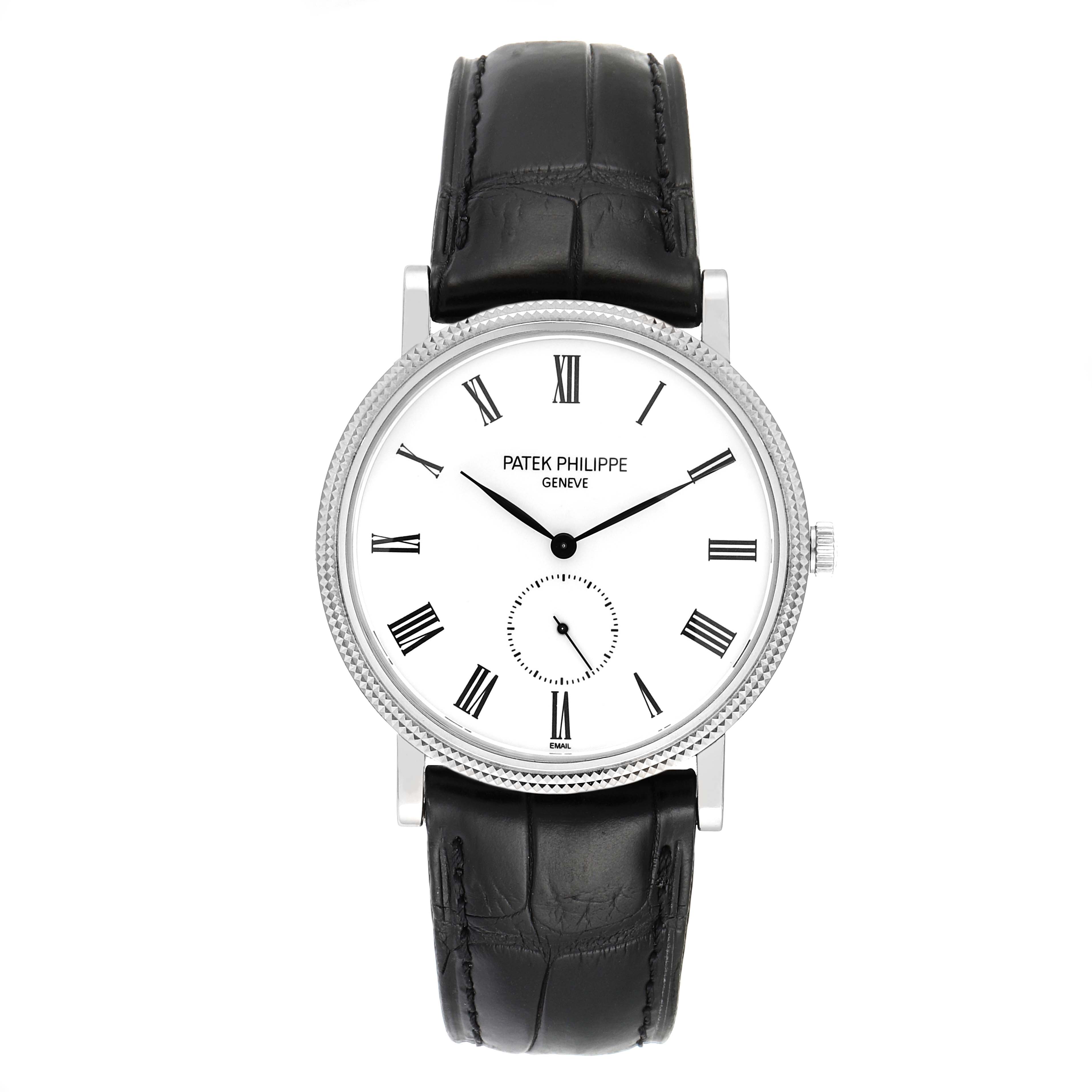 The image shows a front view of the Patek Philippe Calatrava 5116G Men
s White Gold White Dial 5116G Men
s White Gold White Dial watch, displaying its face, Roman numerals, hands, and black leather strap.