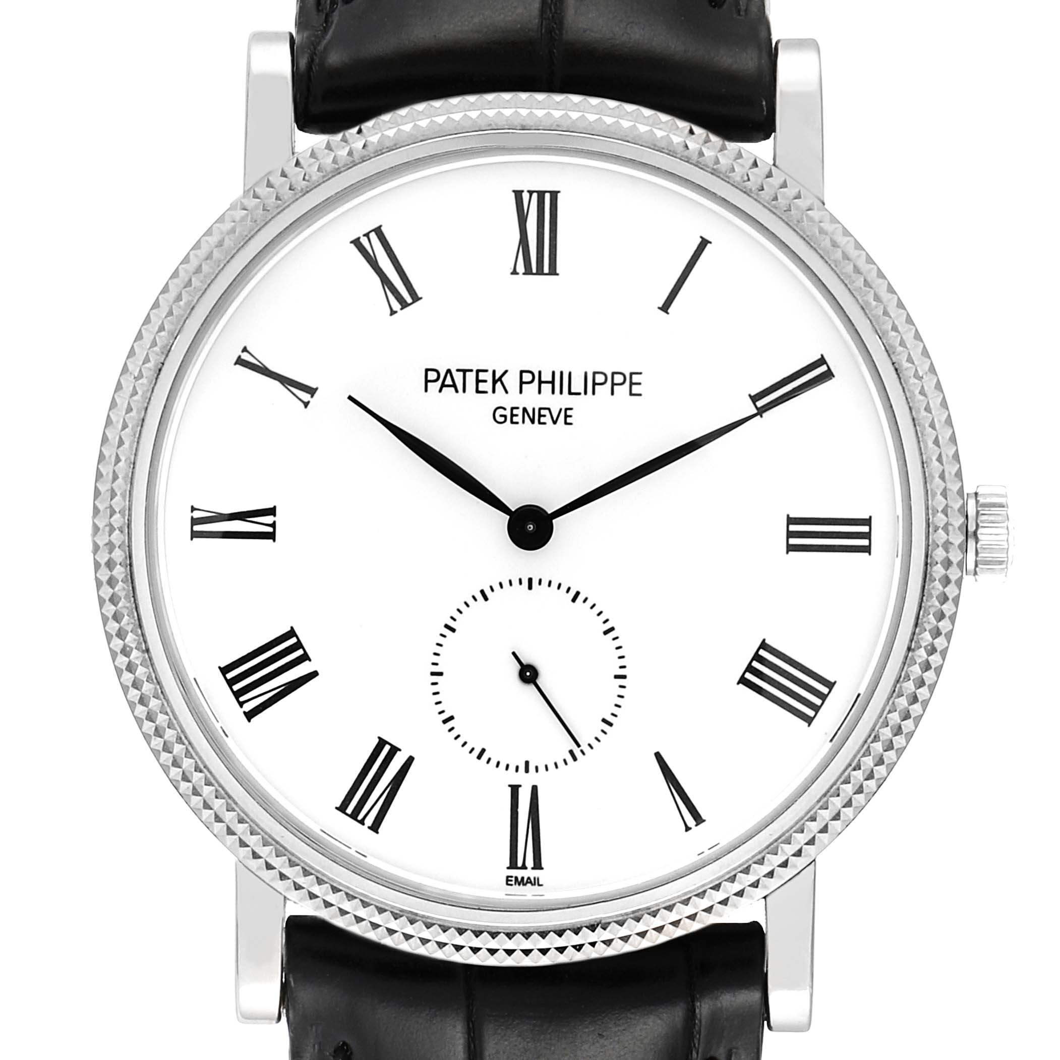 The image shows a front view of the Patek Philippe Calatrava 5116G Men
s White Gold White Dial 5116G Men
s White Gold White Dial watch, highlighting the dial, bezel, and part of the strap.