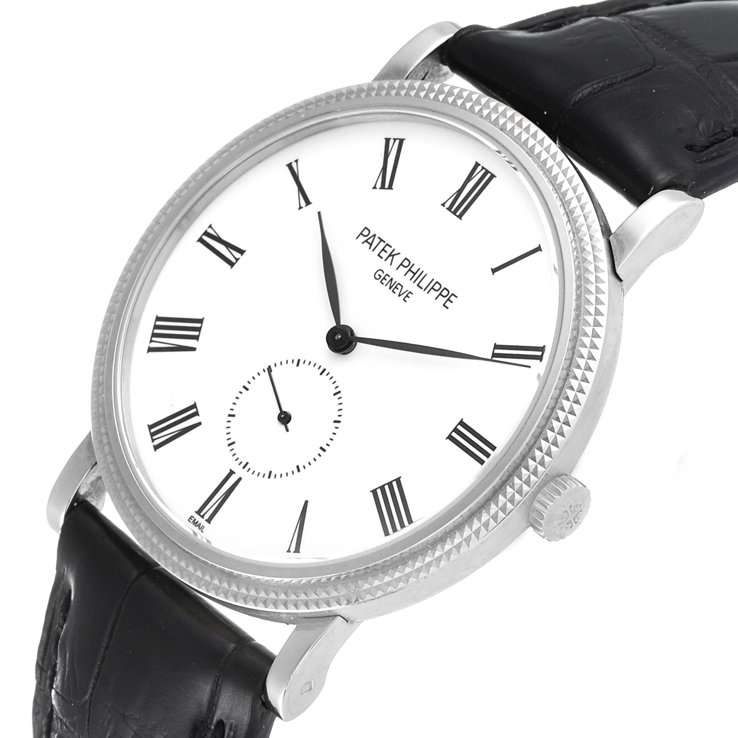 The image shows a Patek Philippe Calatrava 5116G Men
s White Gold White Dial 5116G Men
s White Gold White Dial watch at a slight angle, highlighting the dial, bezel, crown, and leather strap.