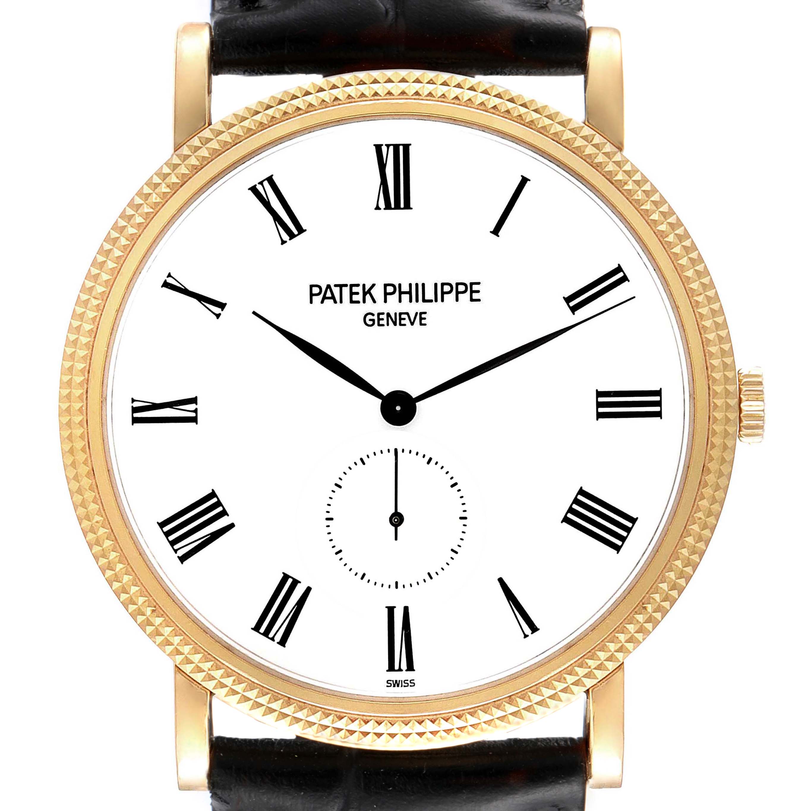 This image shows a front view of the Patek Philippe Calatrava 5119J Men's Yellow Gold White Dial 5119J Men's Yellow Gold White Dial watch, displaying its dial, hands, case, and part of the strap.