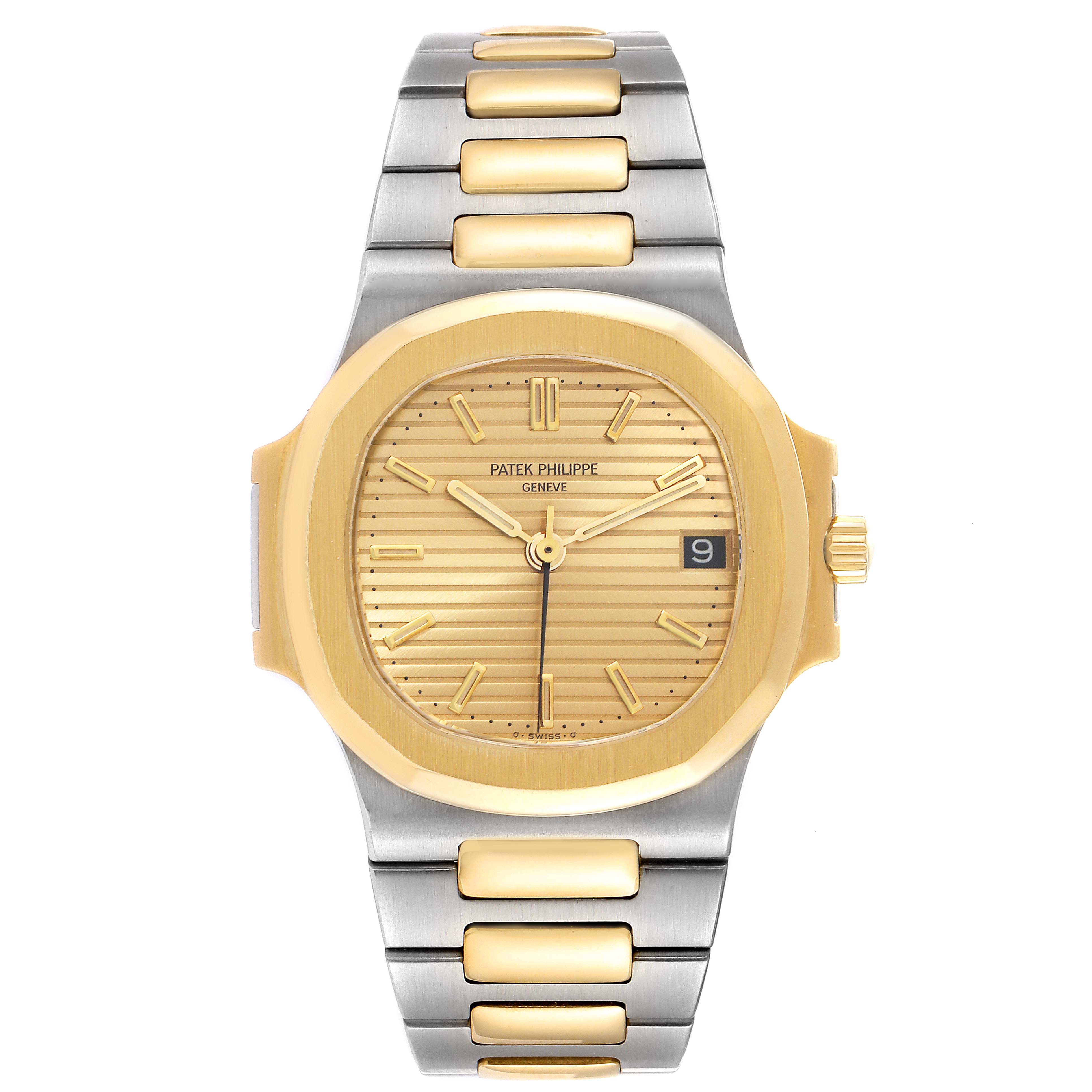 The image shows a front view of a Patek Philippe Nautilus 3800/1AJ Men's Steel and Gold (two tone) Champagne Dial 3800/1AJ Men's Steel and Gold (two tone) Champagne Dial watch, featuring its dial, bezel, and bracelet.