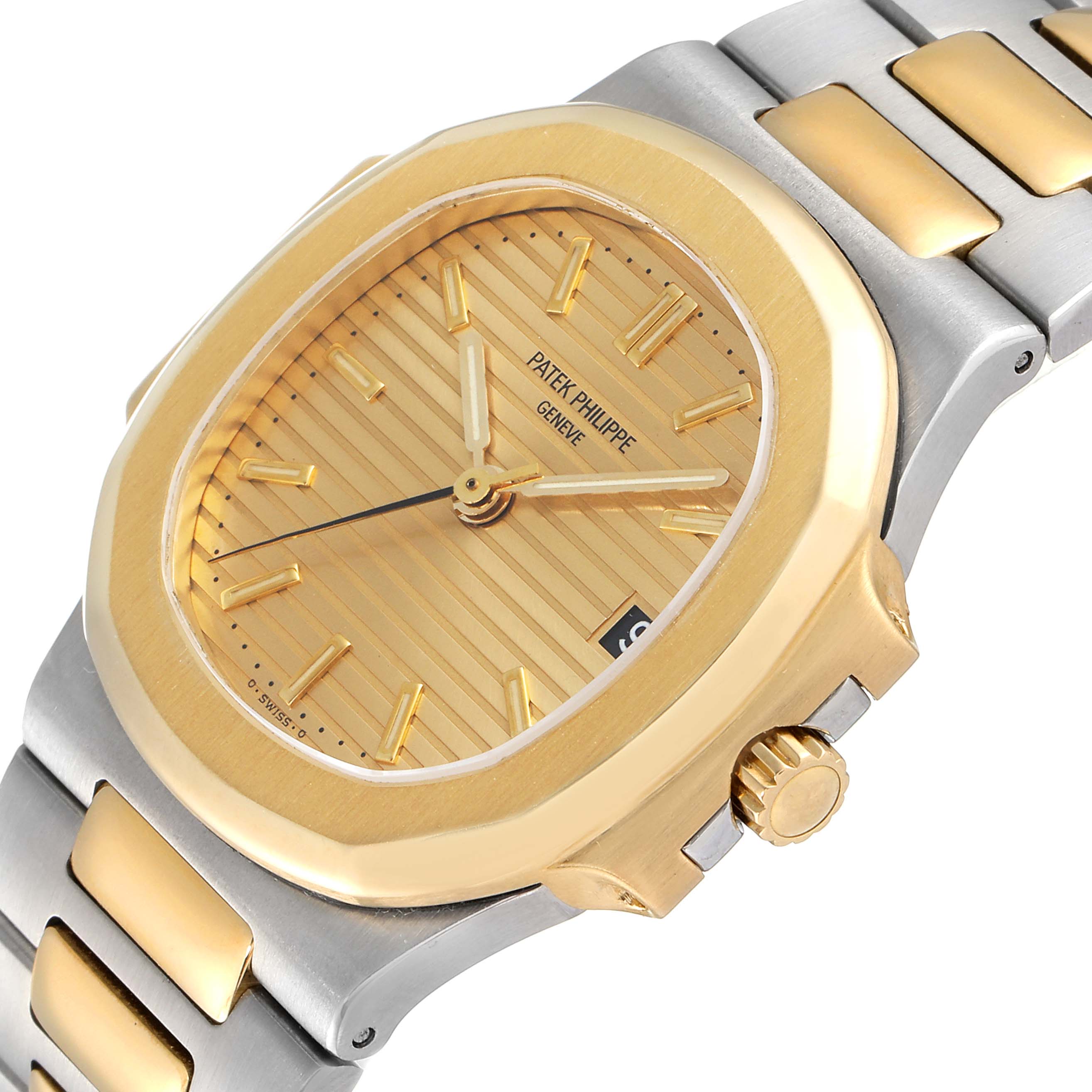 The image shows a close-up side angle of the Patek Philippe Nautilus 3800/1AJ Men's Steel and Gold (two tone) Champagne Dial 3800/1AJ Men's Steel and Gold (two tone) Champagne Dial watch, highlighting the dial, bezel, crown, and part of the bracelet.